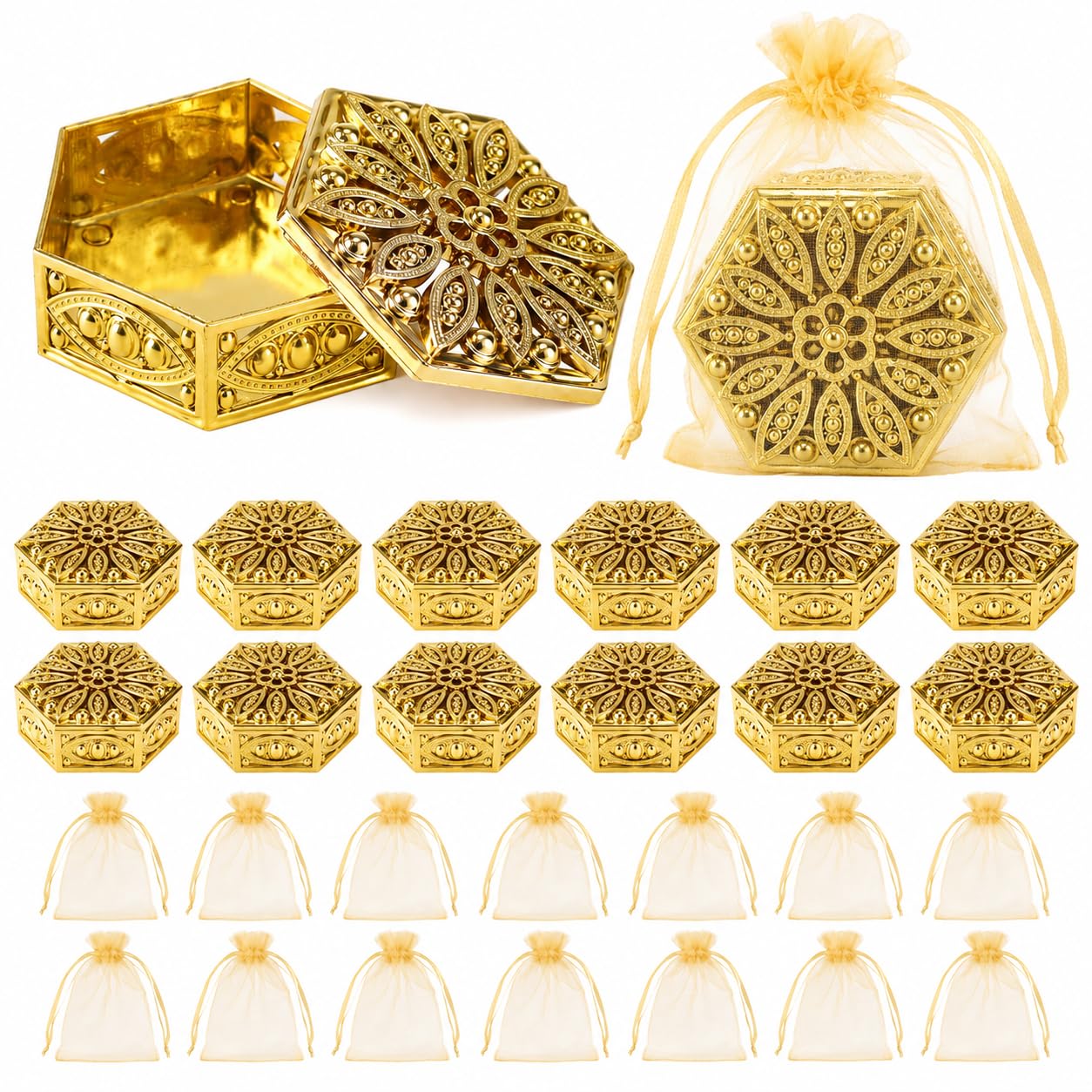 24 Sets Gold Candy Boxes with Organza Bags, Hexagon Wedding Favours