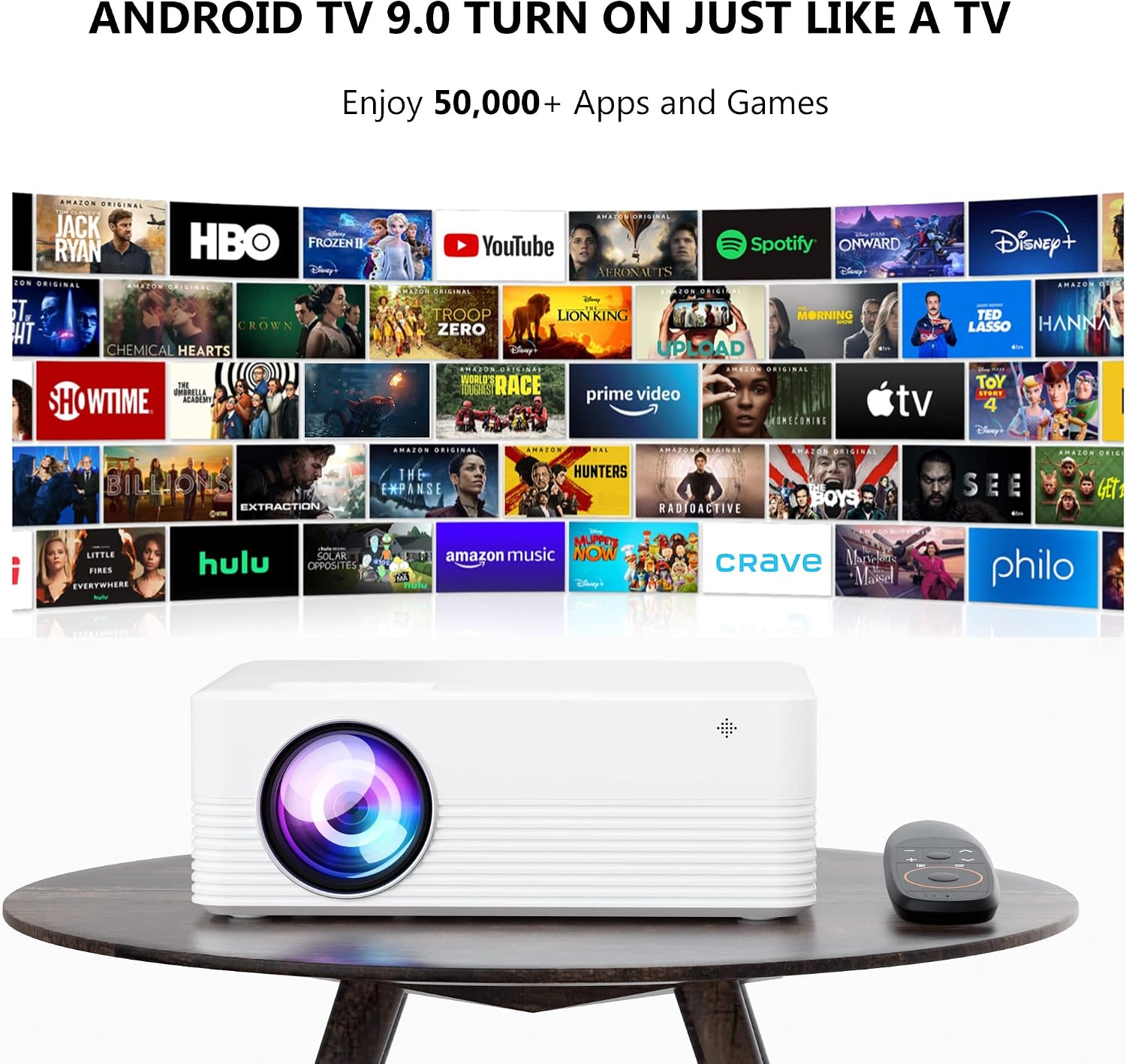 ANPROMAX Android 9.0 Smart Projector, Bluetooth WiFi Portable Outdoor Projectors, 1080P and 170 Inch Display Supported, 6000 Lumens Video Projector for Home Cinema & Movie Theater (NO HDMI Cable)
