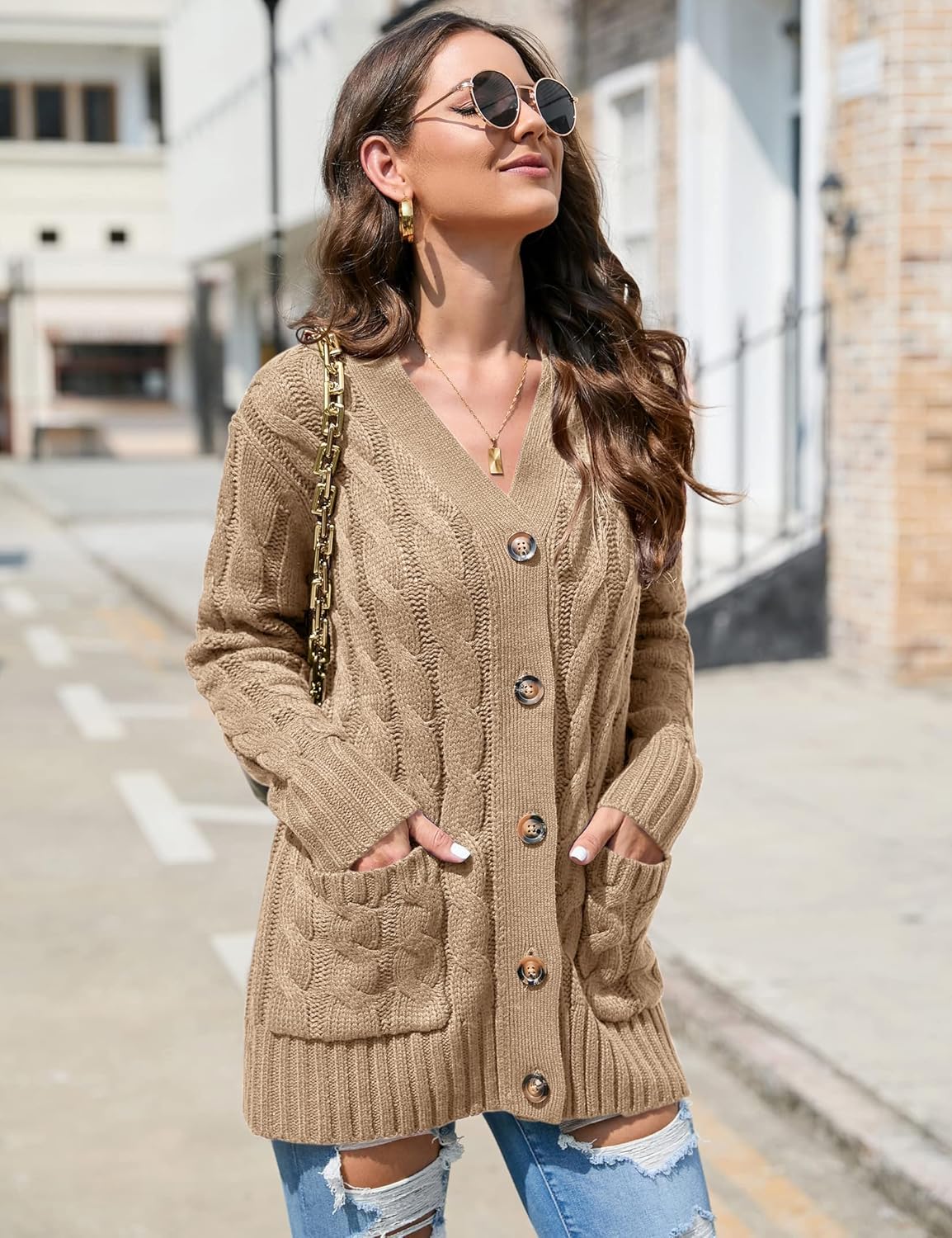 KOJOOIN Women's Casual Button Down Cardigan Sweaters Chunky Long Sleeve Cable Knit Outerwear Coat with Pocket - Image 3