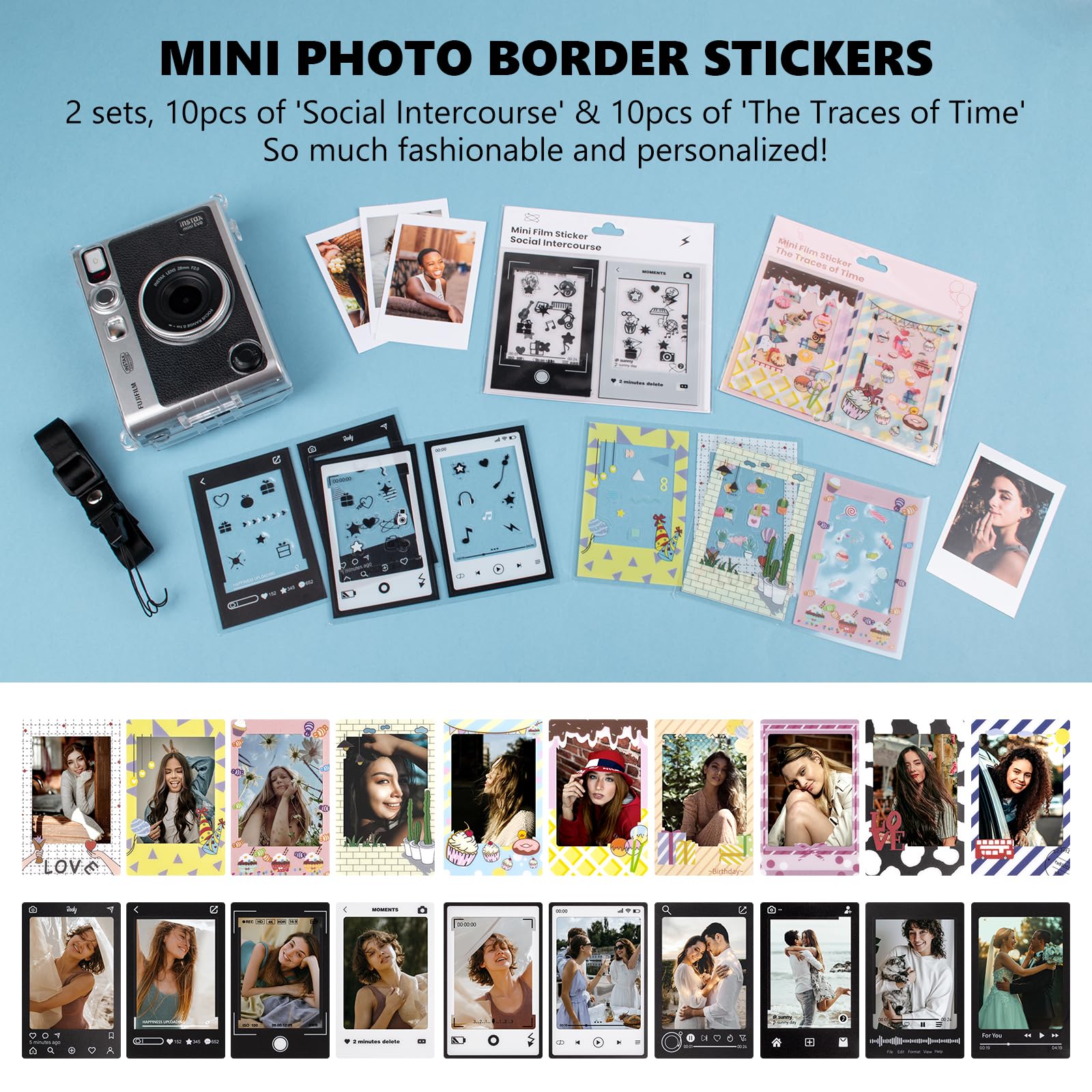 Mini EVOetui na aparat i zestaw akcesoriów, do Fujifilm Instax Mini EVO, osłona ekranu i obiektywu, album fotograficzny, ramki magnetyczne, wiszące ramki, naklejki