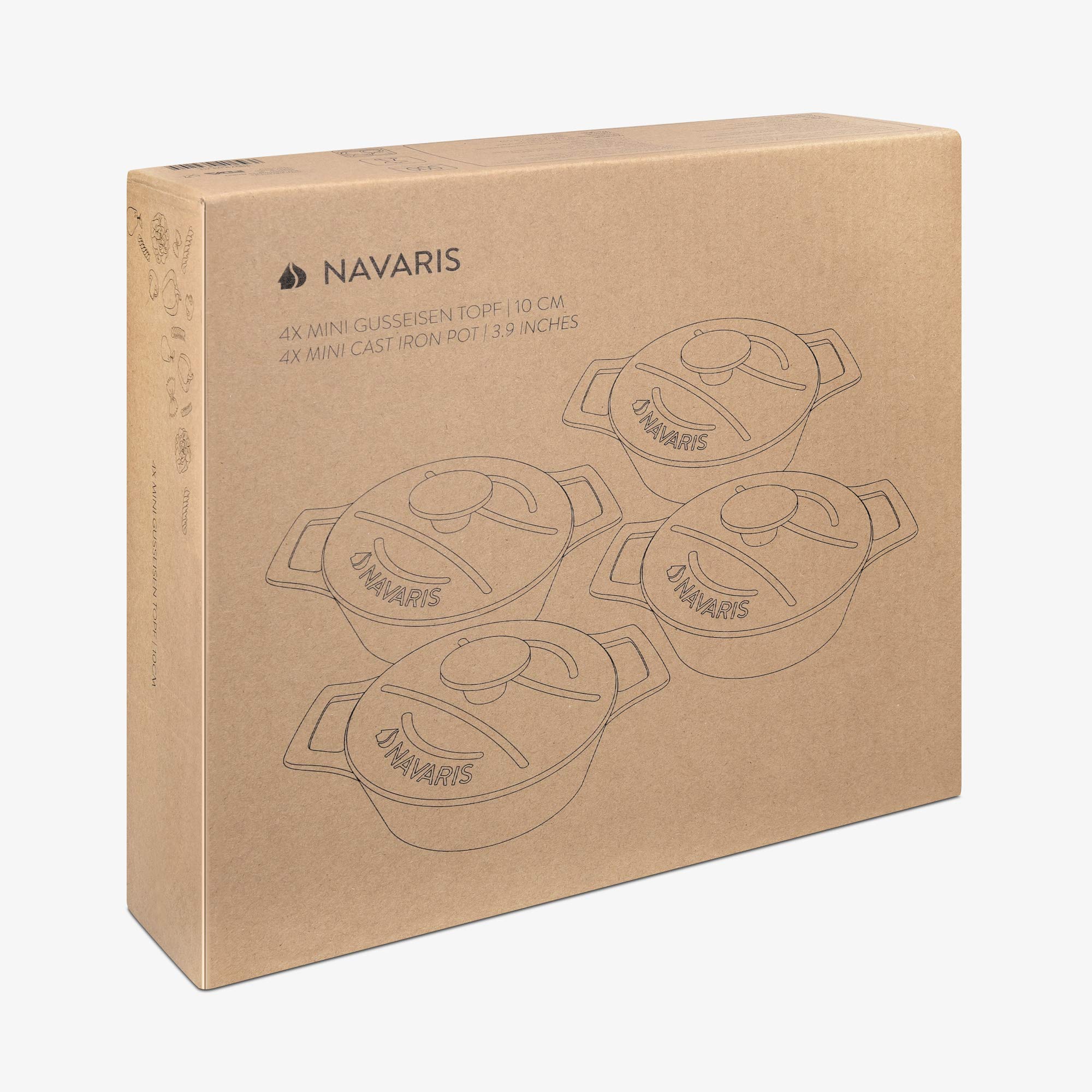 Navaris Mini Cocottes Fonte Ø10,5 cm - 4X Petite Cocotte en Fonte 290 ML avec Couvercle et Revêtement en Émail - Cassolette Individuelle Four pour Cuisson Gaz Induction