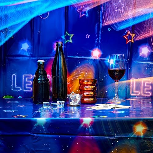 Miniatura 10 de Mantel brillante de 86 x 51 pulgadas, mantel desechable que brilla en la oscuridad, para fiestas temáticas de neón, suministros de fiesta con luz