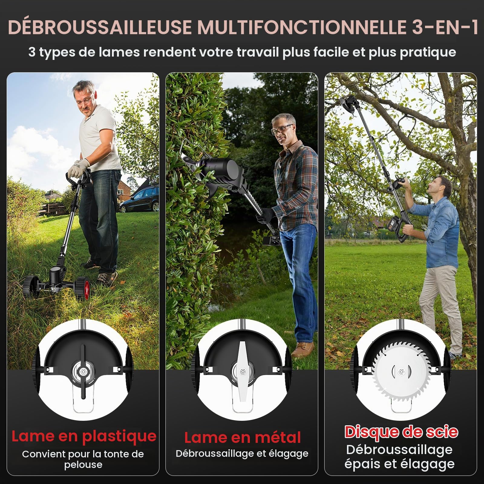 Débroussailleuse Électrique Sans Fil 21V, Coupe-Bordure avec 2 x 3.0Ah Batterie, 3 Types de Lames, Tige Télescopique, Faible Bruit, Pliante