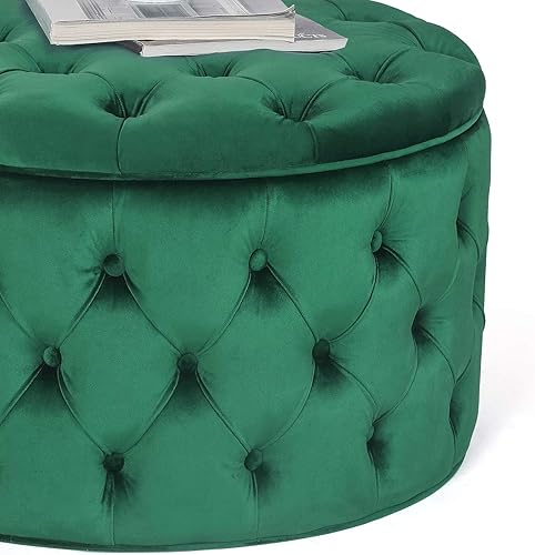 Miniatura 14 de Homebeez Otomana redonda de terciopelo para almacenamiento, reposapiés con botones copetudos, mesa de café (rosa) Rosa,Azul,Verde,Gris,Gris