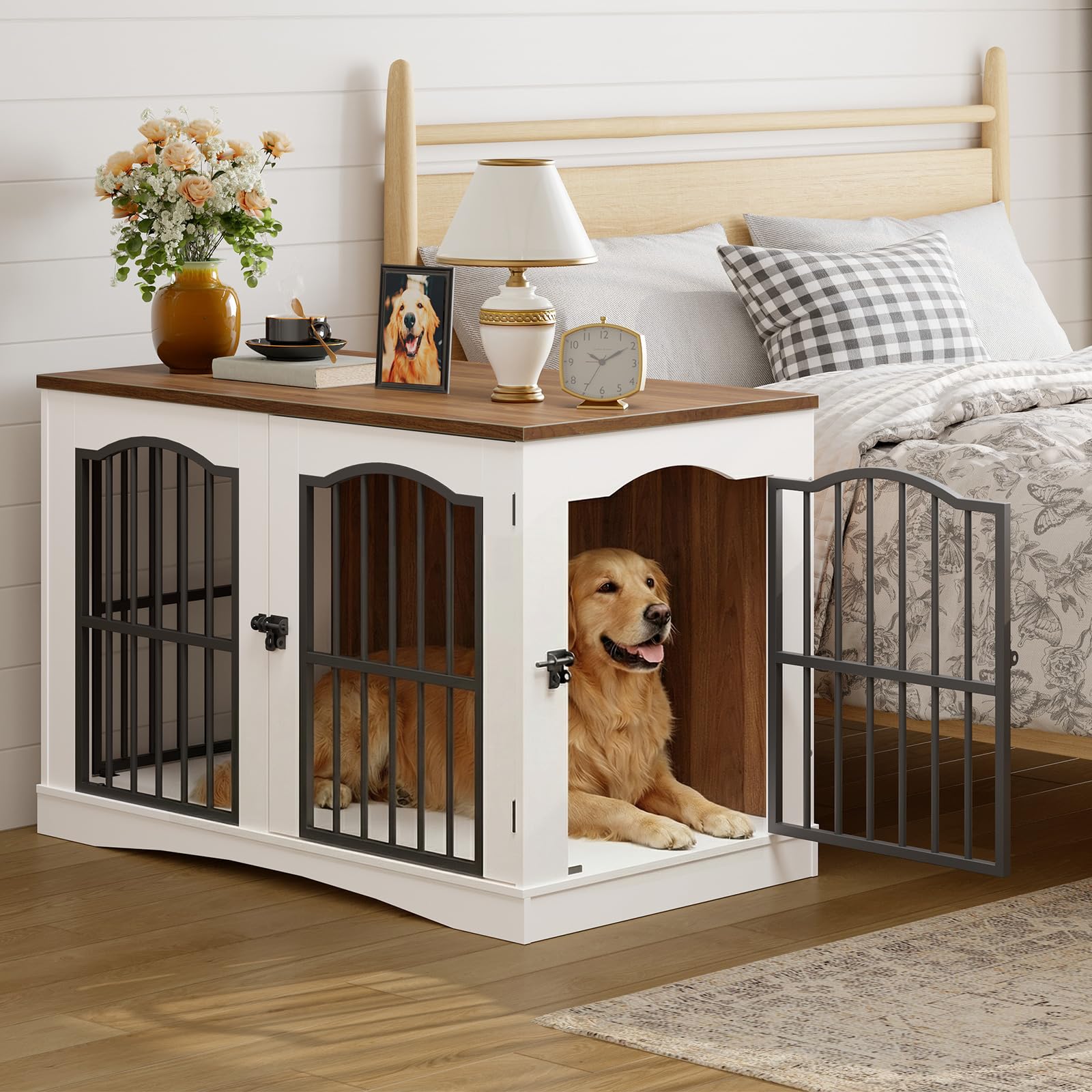 HOOBRO Mobili Gabbia per Cani con 3 Porte, Cuccia Moderna per Cani Interno, Kennel Cane Medio Pesante, Casetta per Animali per Soggiorno Camera Sottoscala, Bianco e Noce EWH66GW03