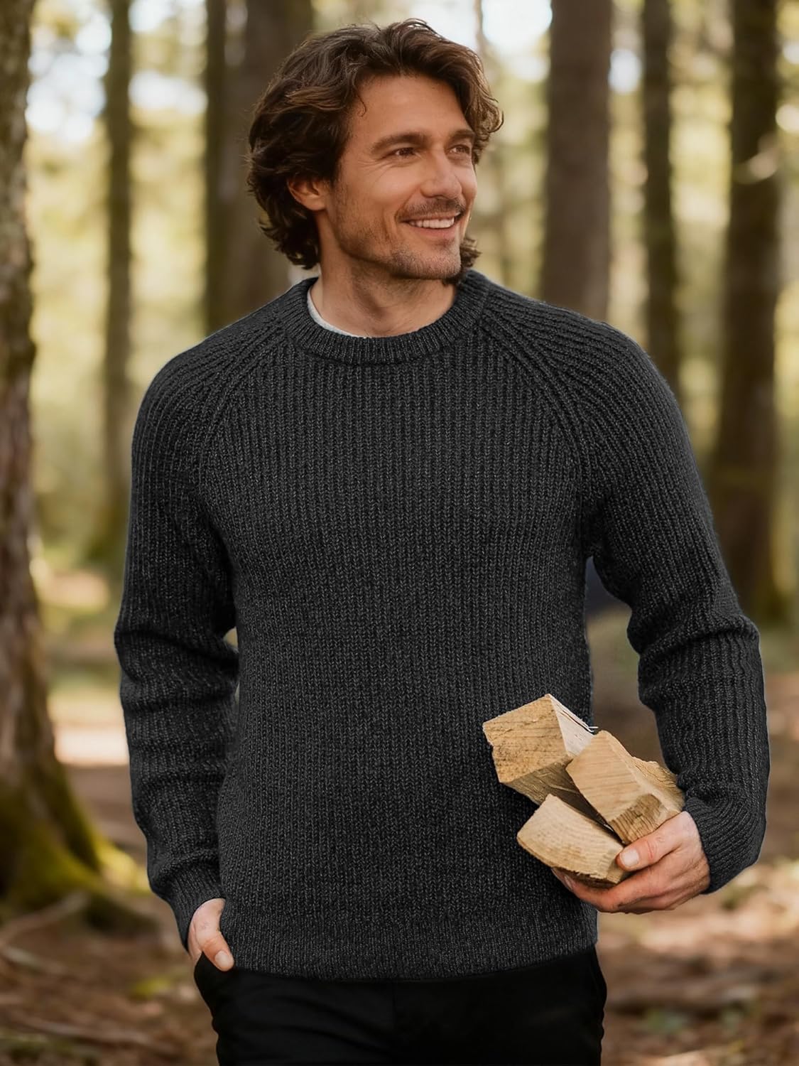 JEMLDL Men's Crewneck Sweater Casual Wool Sweaters for Men Two-Tone Yarn Knit Sweaters Classic Raglan Long Sleeve Pullover - Image 2