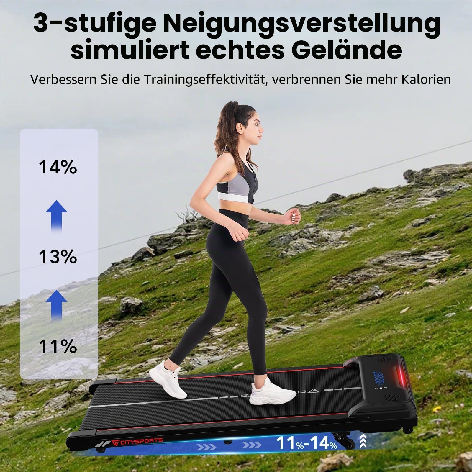 CITYSPORTS Laufband mit Steigung,Walking Pad mit 11 %–14 % Neigung,LED-Anzeige & Lichteffekt,1–6 km/h,Laufband für Zuhause Büro mit Fernbedienung