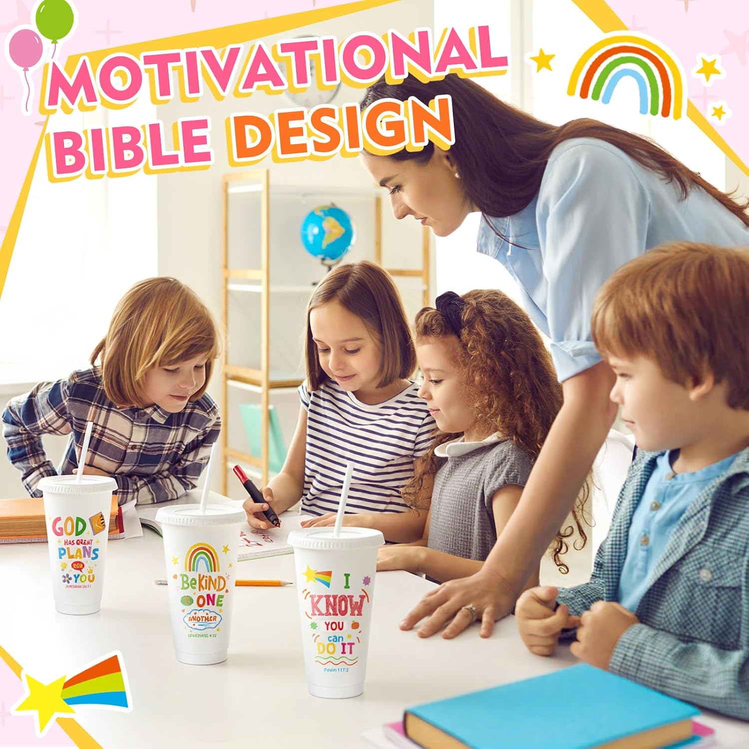 Uiifan 10 Christian Kids Cups with Lids Straws, Back to School, White image 5