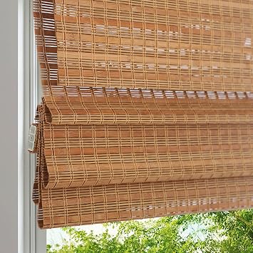 Cordless Wood Window Blinds, Bamboo Sheer Light Filtering Woven Roman Shades, Tiger Wood, 35" W X 48" H