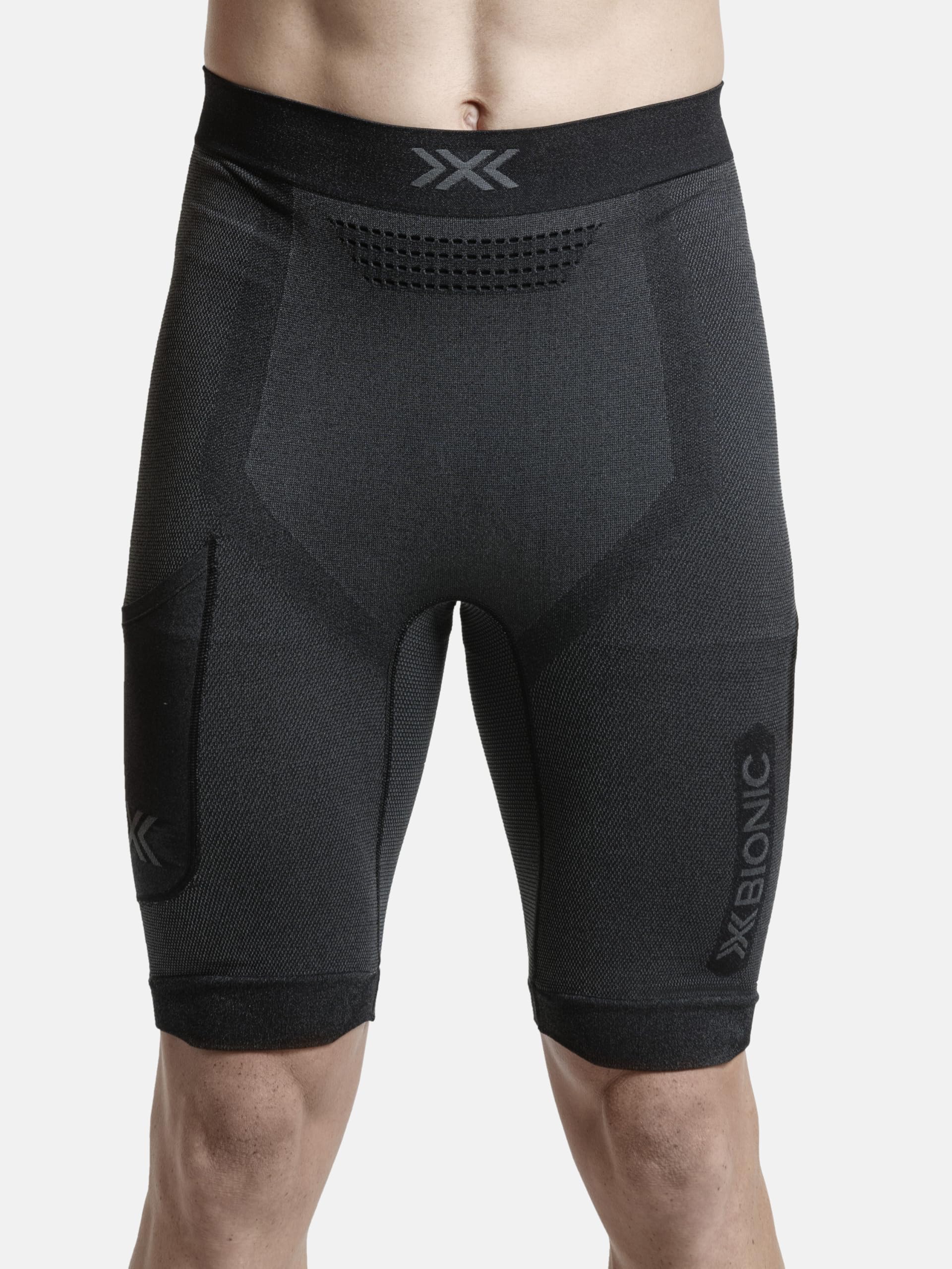 X-Bionic Malla Corta Xceed Run para Hombre - Malla de Running de Alto Rendimiento con tecnología HygroDiffuser y VectorSphere - Termorregulación y transpiración - X Negro/Gris Rinoceronte, M