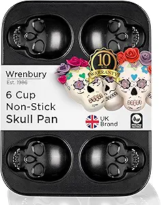 Wrenbury Large Skull Cupcake Baking Pan - Non Stick 6 Cup Spooky Treat Cake Tin - Bake a Halloween Masterpiece - Non Toxic and Effortless Cleaning - 4.75