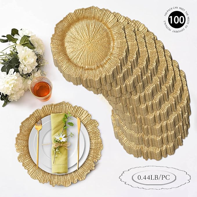 Juego de 100 Platos Cargadores Dorados 33 cm de Plástico miniatura 3