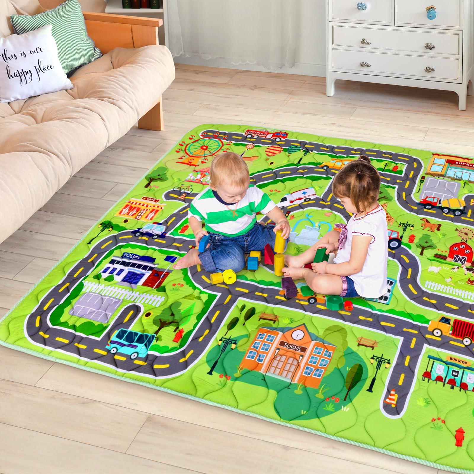 decalsweet Tappeto Gioco Bambini 150×180cm, Addensato 2cm Tappeto Gioco Neonato, Antiscivolo Pieghevole Tappeto Cameretta Bambina & Bambino, Tappeto Tummy Time Neonati (Strade cittadine)