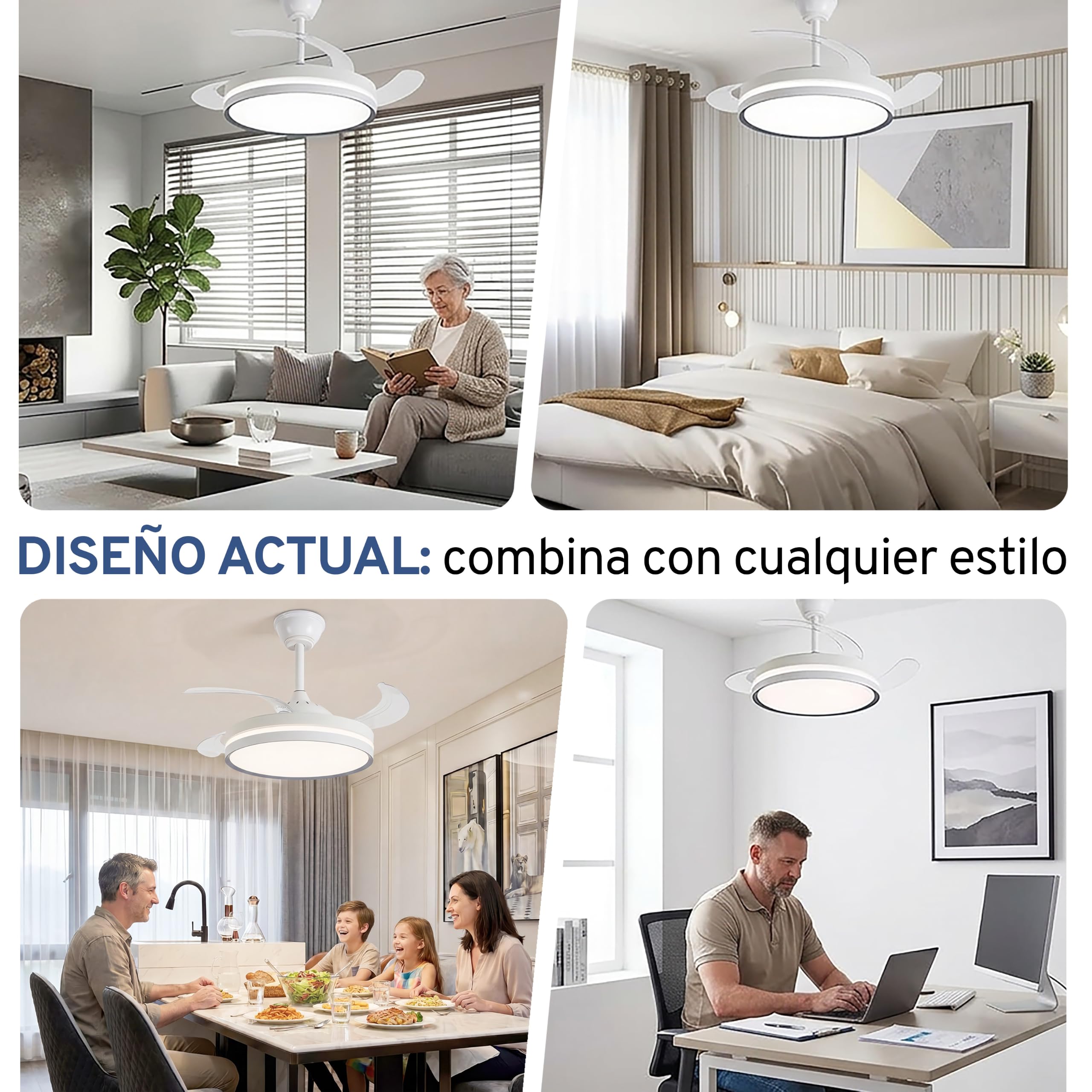 Ventilador techo, aspas retráctiles, luz regulable: BRISANOVA RETRÁCTIL. 6 Velocidades 3 tonos luz.Temporizador. Silencioso. 30W. Modo Verano/Invierno. Ø 48.5cm aspas cerradas. Ø 106cm aspas abiertas