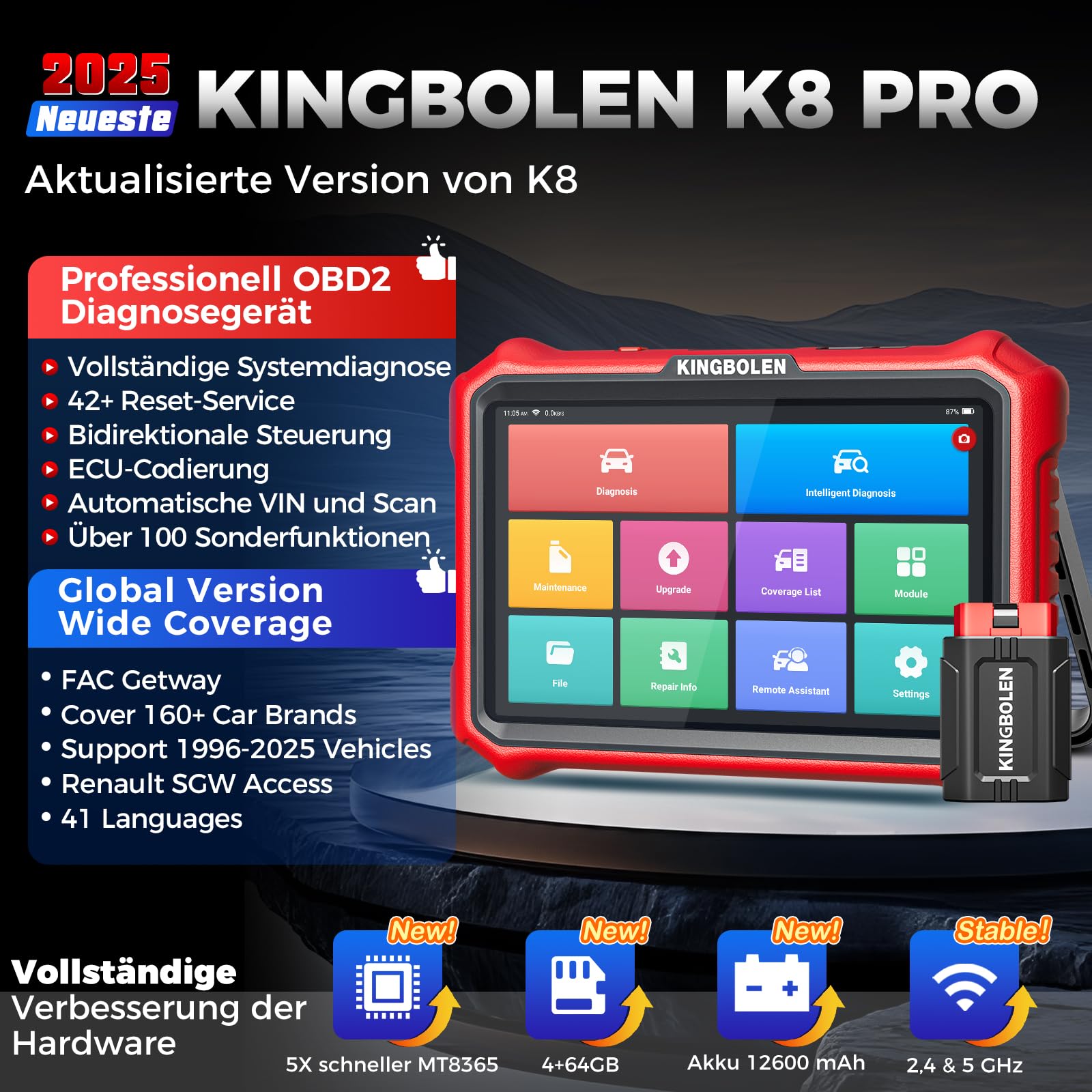 KINGBOLEN K8 PRO Obd2 Diagnosegerät Bluetooth,Alles System Diagnosegerät Auto mit Bi-Direktionale,42+ Dienst Zurücksetzen,ECU-Kodierung,V.A.G-geführte,FCA,CANFD＆DOIP,Lebenslanges Kostenloses Update