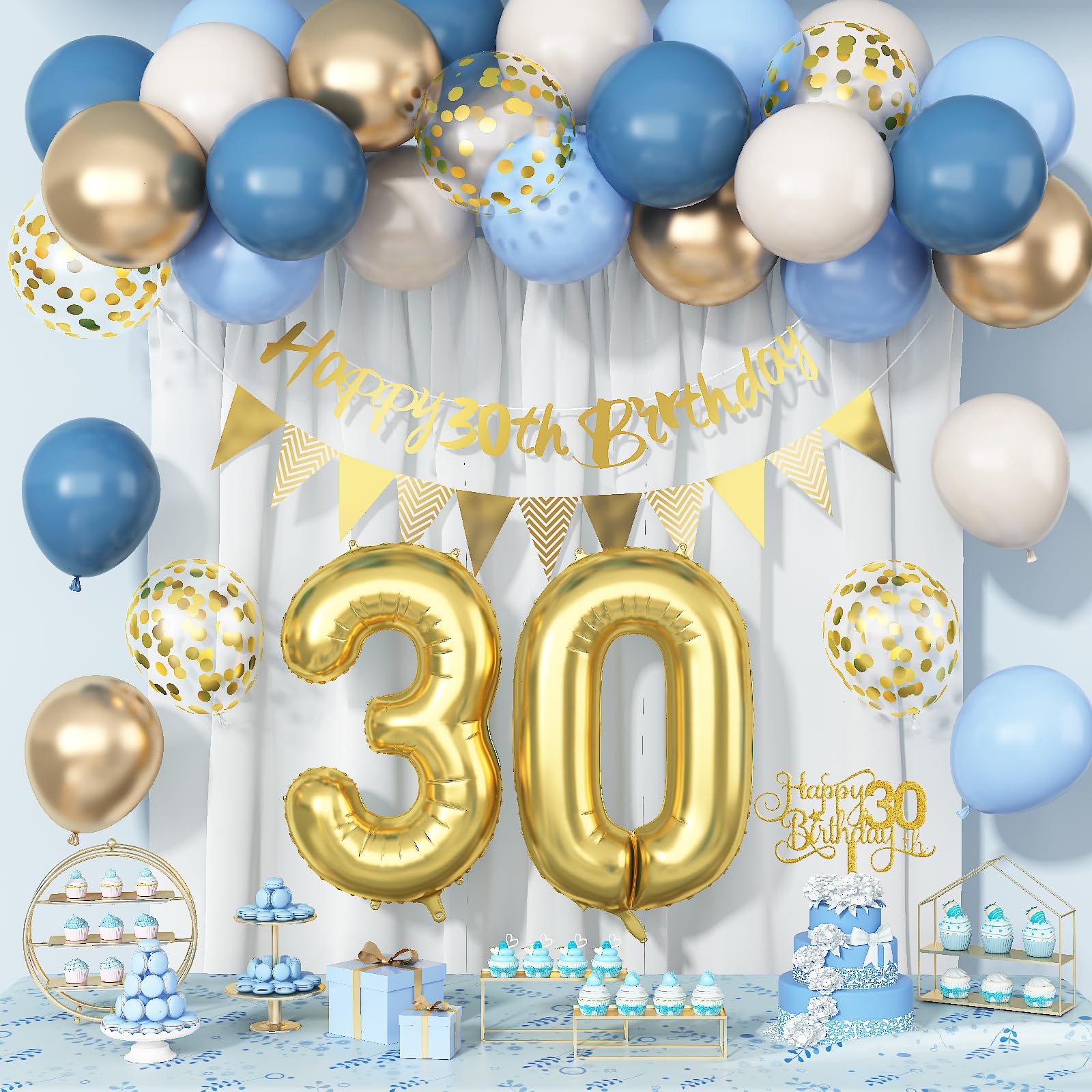 30th Birthday Decorations for Men Women, Dusty Blue Cream White Gold 30 Balloons With Happy 30th Birthday Bunting Banner & Cake Topper Number 30 Foil