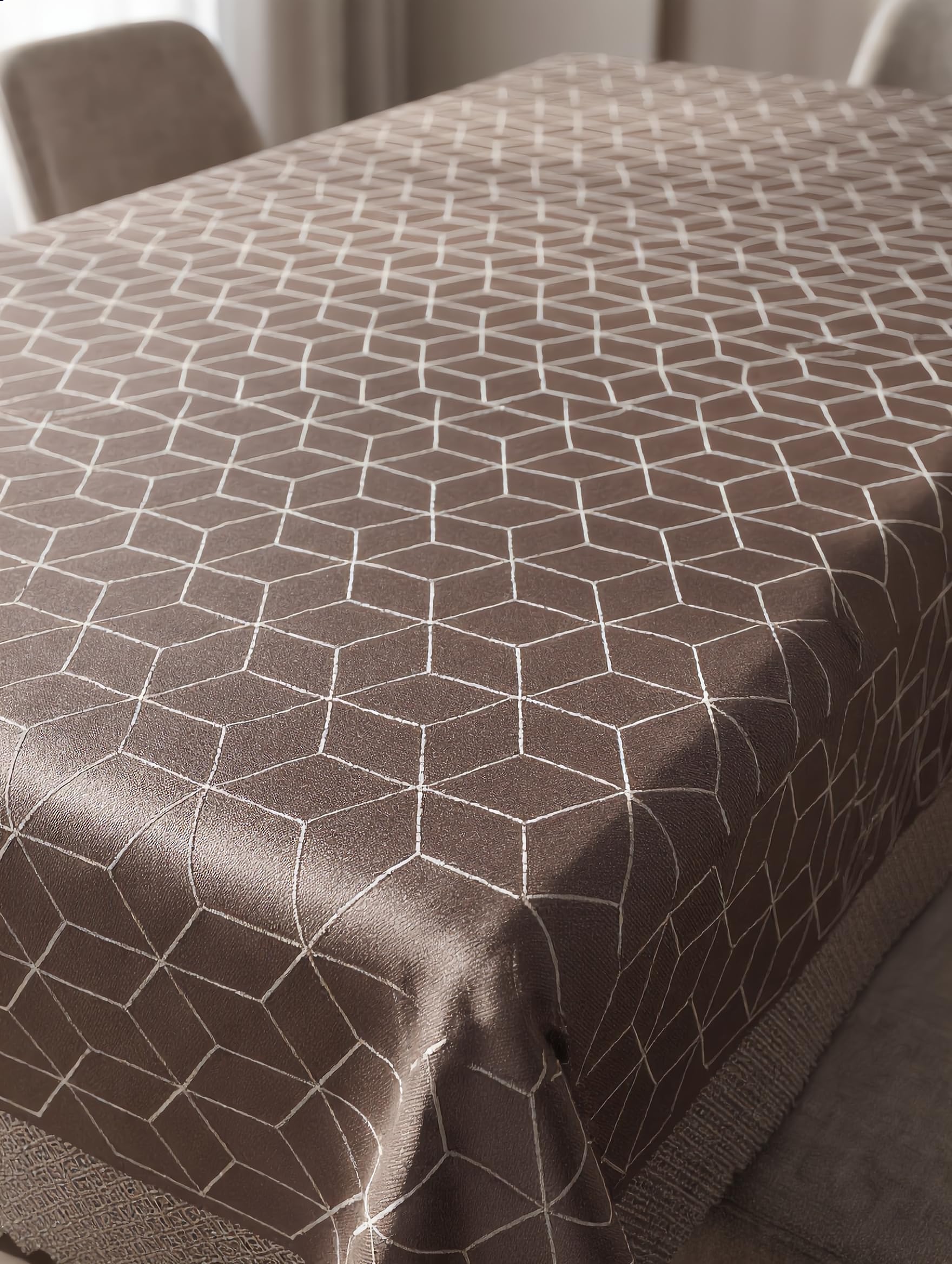 Dining Table Cover 6 Seater (180x120 cm) Coffee Brown Geometrical Embroidered | Waterproof Polyester Jacquard Table Cloth | Dustproof Washable Rectangular Table Cover-image-0