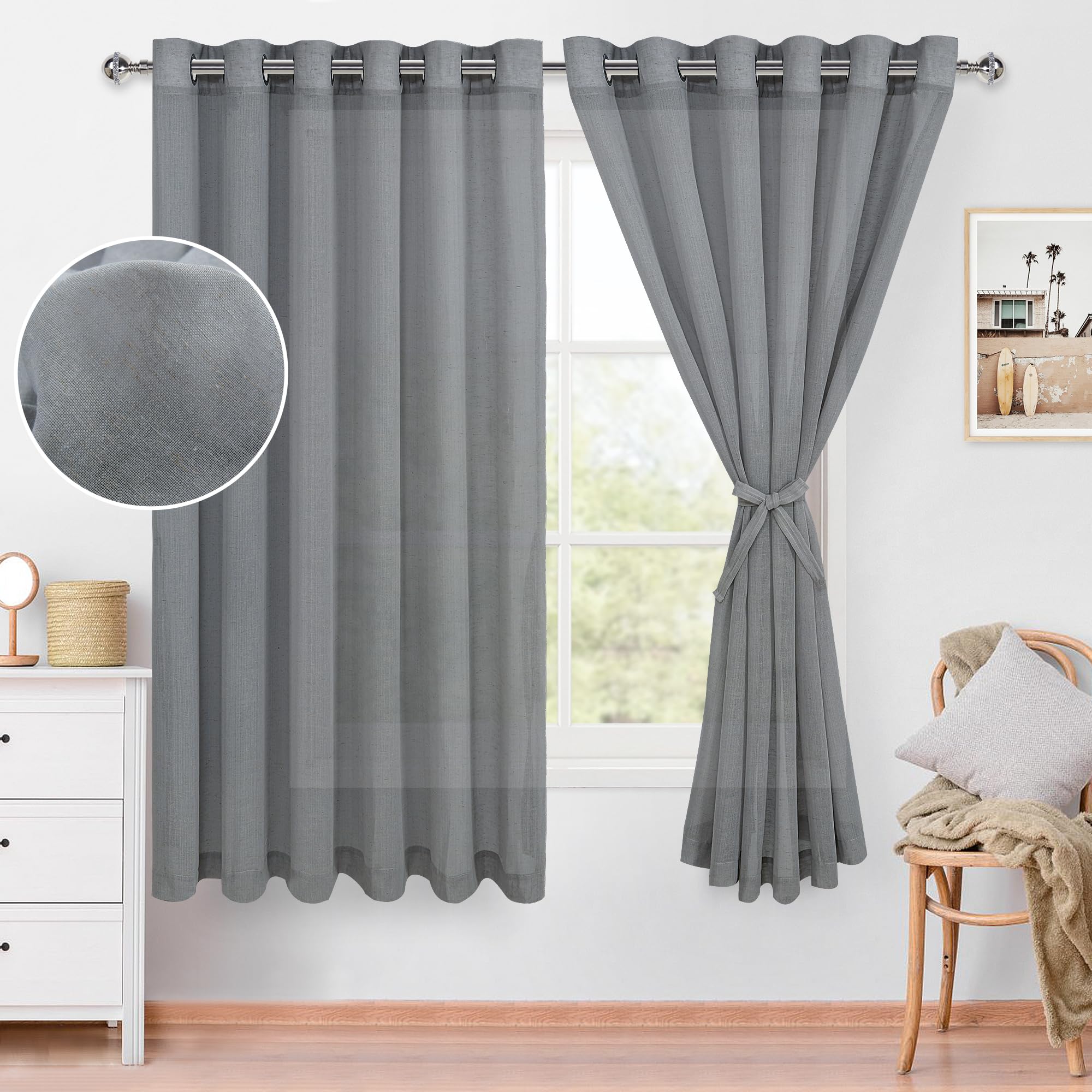 XWZO Grey Linen Sheer Curtains for Bedroom, Light Filtering Grommet Semi Sheer Curtains for Living Room, Elegant Soft Privacy Curtains 2 Panels, Window Treatments with Tiebacks 70x63 Inches Long