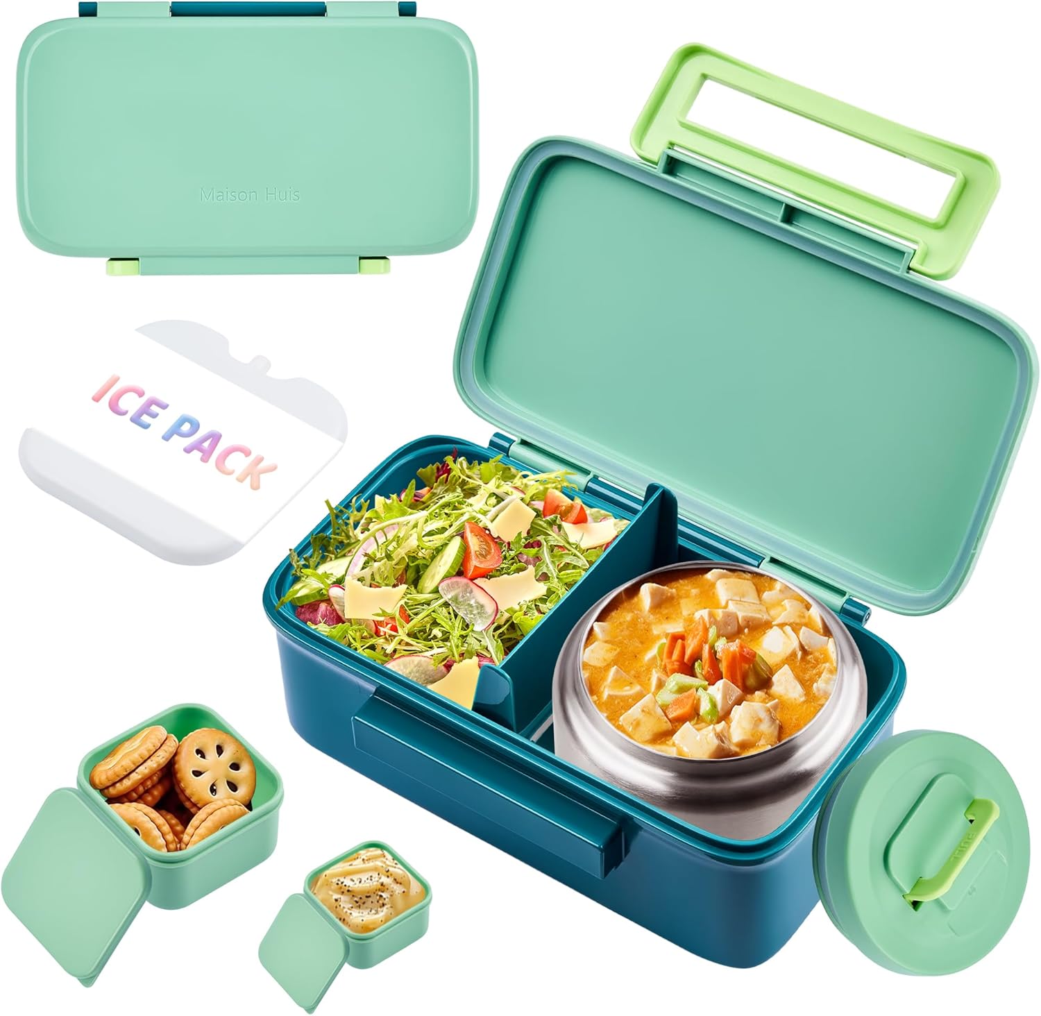 MAISON HUIS Kids Lunch Box with Thermo, Leakproof Bento Box with 8oz Insulated Food Jar, 2 Compartment Container for Back to School Girls Boys (Green)