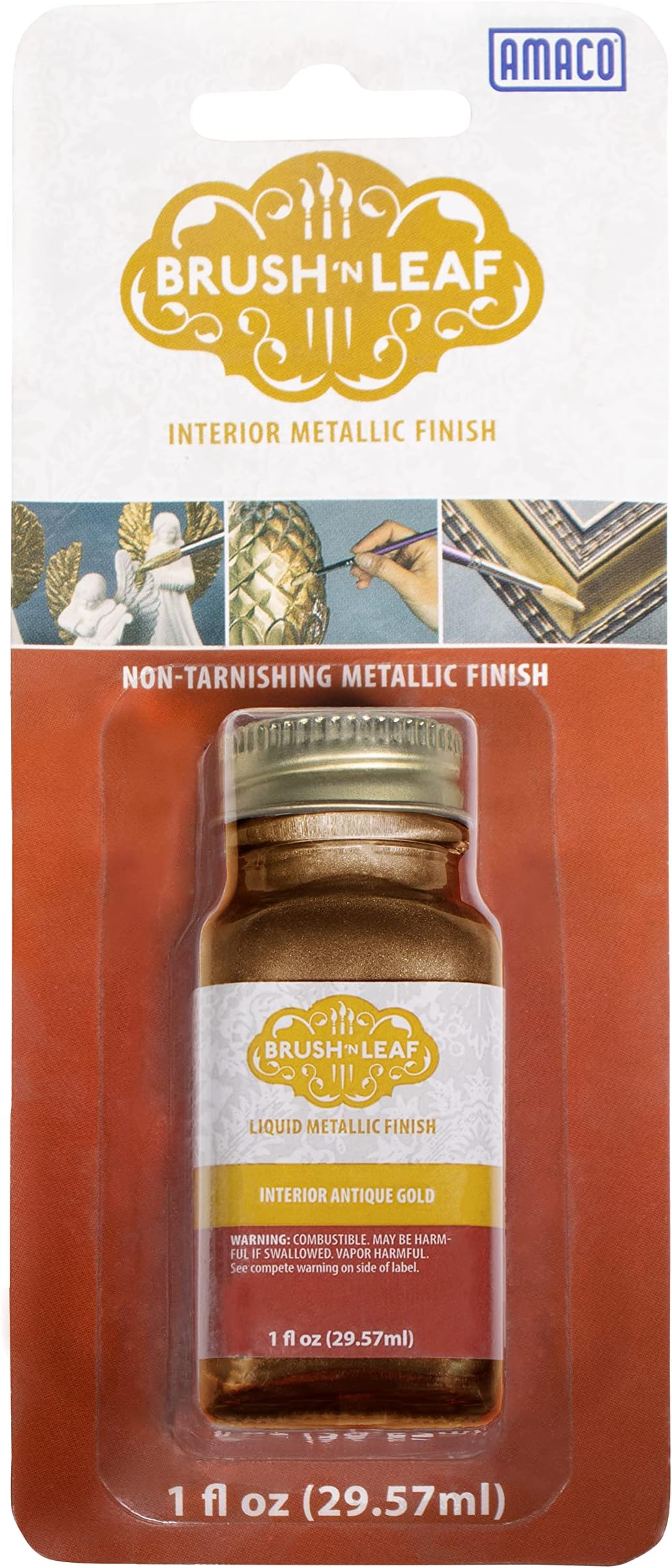 AMACO Brush N Leaf - Antique Gold Leaf 1oz Bottle - Liquid Antique Gold Leaf Paint for Metal Wood Ceramic and More - Interior Liquid Leaf Paint for Objects and Furniture