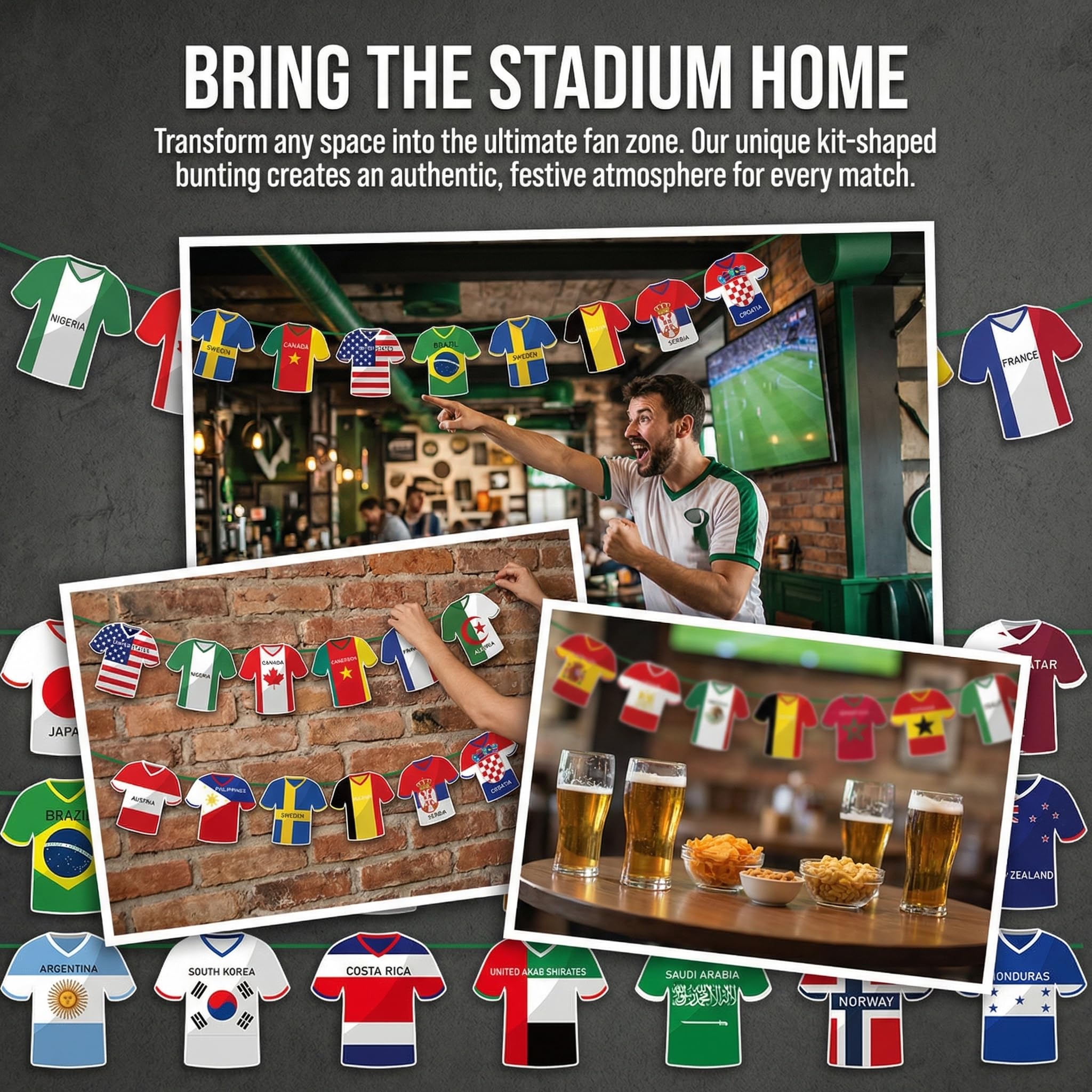 Decorazioni per i Mondiali 2026, bandierine in stile maglia, ghirlande con le maglie di tutte le squadre per feste a tema calcio, vivaci gagliardetti internazionali per fan zone, bar, tailgate e fest