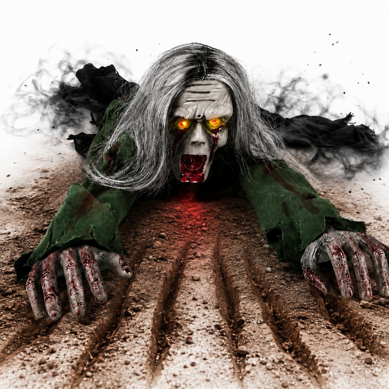Crawling Zombie Animatronic with Light-Up Eyes, Halloween Prop (Crawling A)