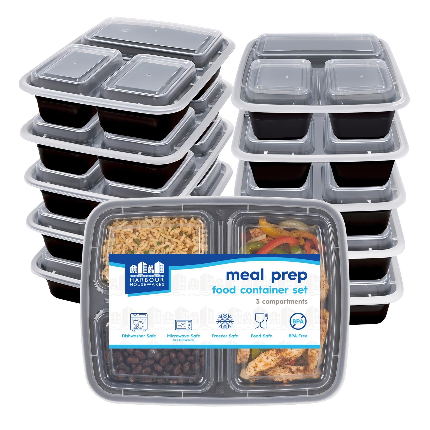 Harbour Housewares Reusable Meal Prep Containers - 3 Compartments (975Ml) - Pack Of 10