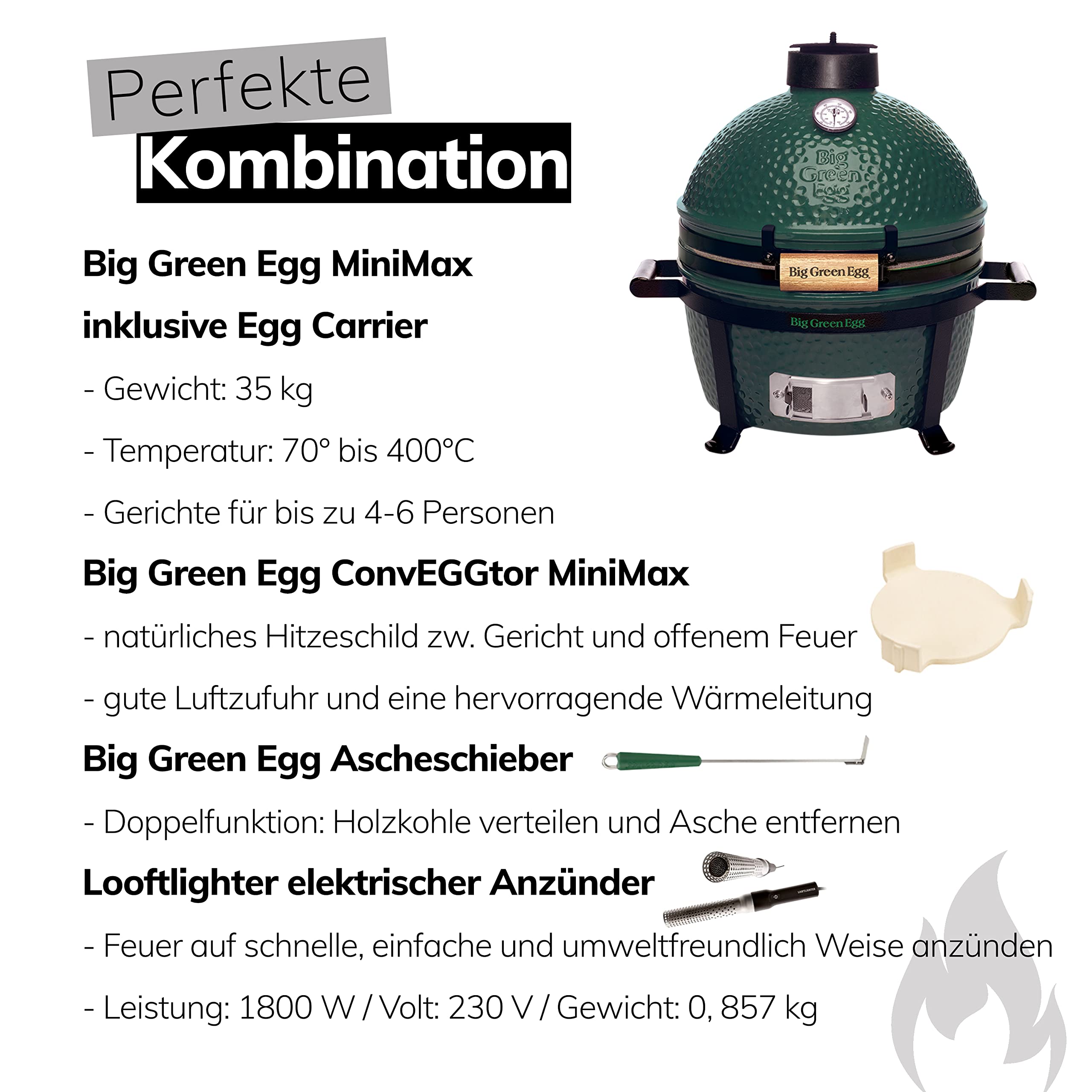 Big Green Egg MiniMax Keramikgrill EGGtastischer Starter Deal mit Grill Zubehör Mini Kamado mit Kohle, ConvEGGtor, Ascheschieber und Looftlighter Artikelnummer AMXHD3