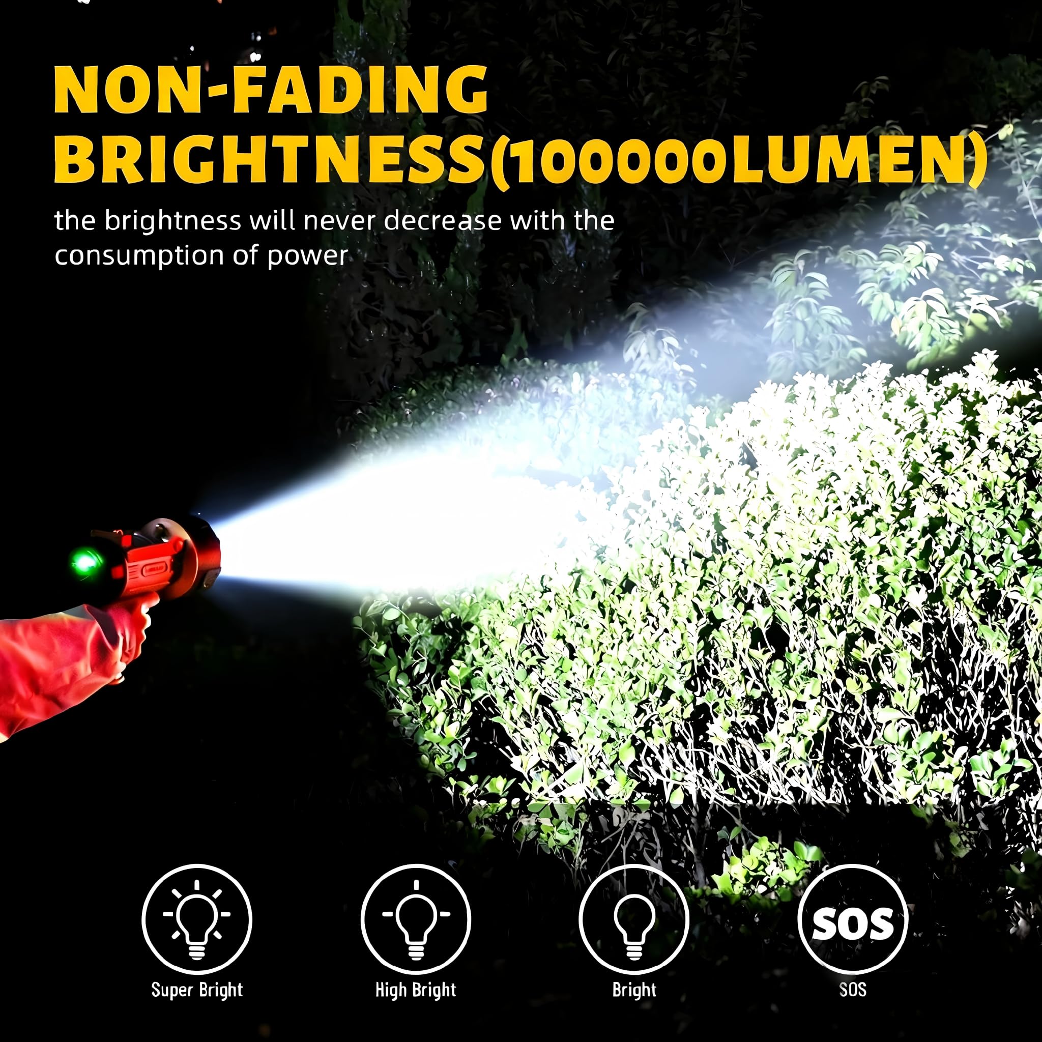 YIERBLUE Foco recargable LED de 2000.000 lúmenes, linterna de mano impermeable IP67, 3 ajustes adaptables con filtro rojo