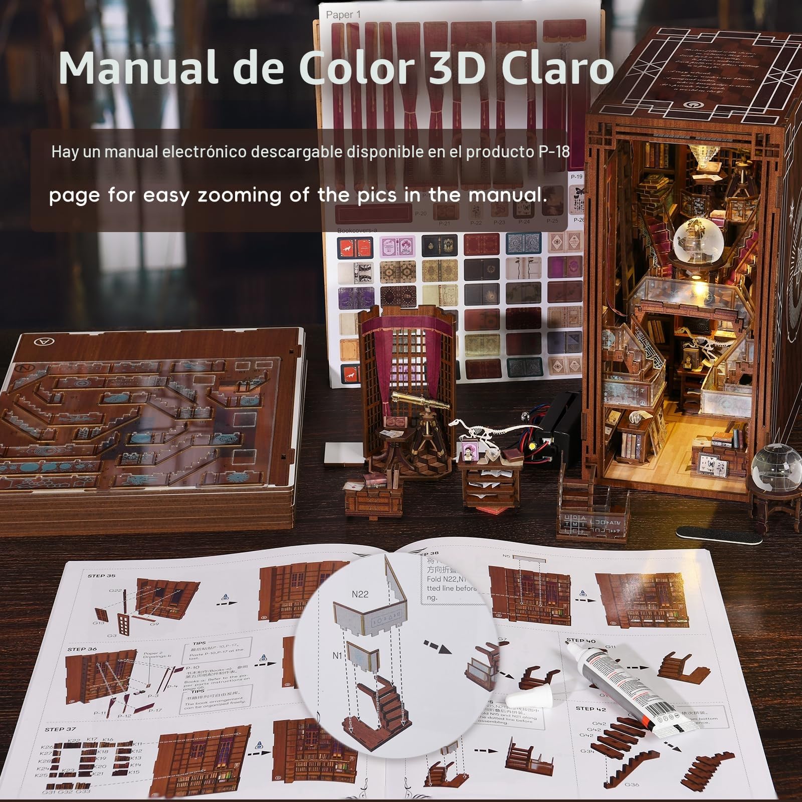 MiniCity Book Nook Kit, DIY Miniature Dollhouse Booknook Kit, Puzzle de Madera 3D, sujetalibros, estantería para Insertar decoración con luz LED para Adolescentes y Adultos (Beyond Library)