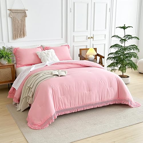 Miniatura 3 de Juego de edredón con borlas rosadas, tamaño King de 102 x 90 pulgadas, 3 piezas con flecos y borlas rosas, juego de ropa de cama bohemio, ligero y