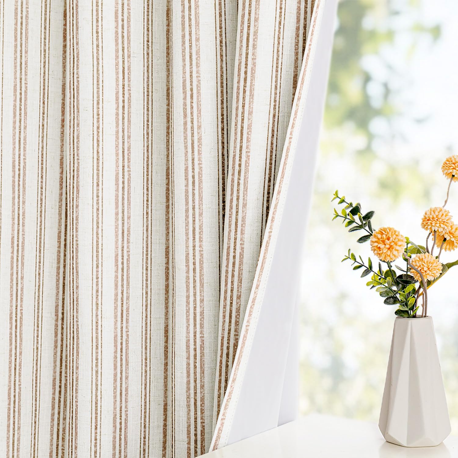 MYSKY HOME Taupe Striped Curtains 100% Blackout 84 Inches Long Farmhouse Rustic Curtains for Bedroom Living Room Tan Stripe Patterned Linen Blend Double Layer Drapes, Grommet, 2 Panels, 52" Wide