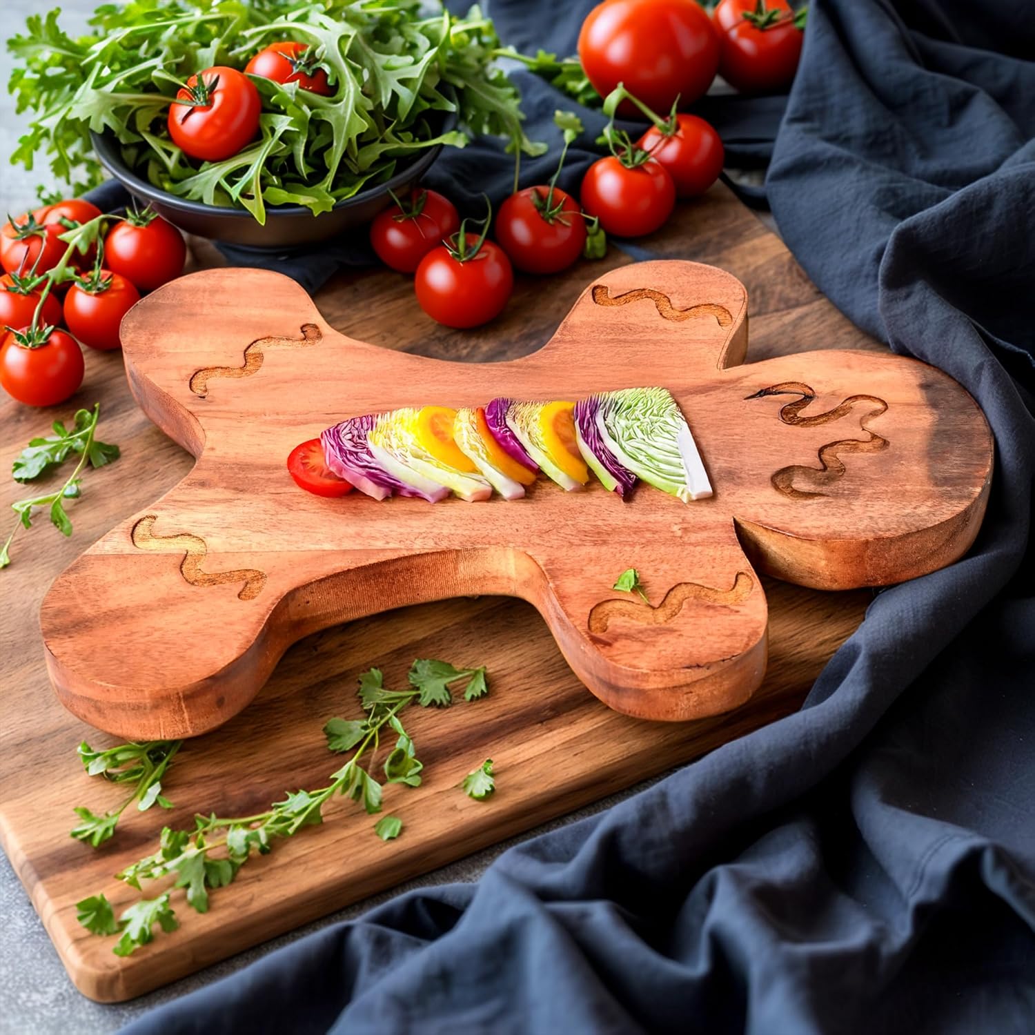 Treen Art Wood Cutting Board for Kitchen Christmas Ginger Bread Shaped Wooden Cutting Board with Grooves, Decorative cutting board for Cheese & Charcuterie Serving Platter 13.5"L x 10.75"W