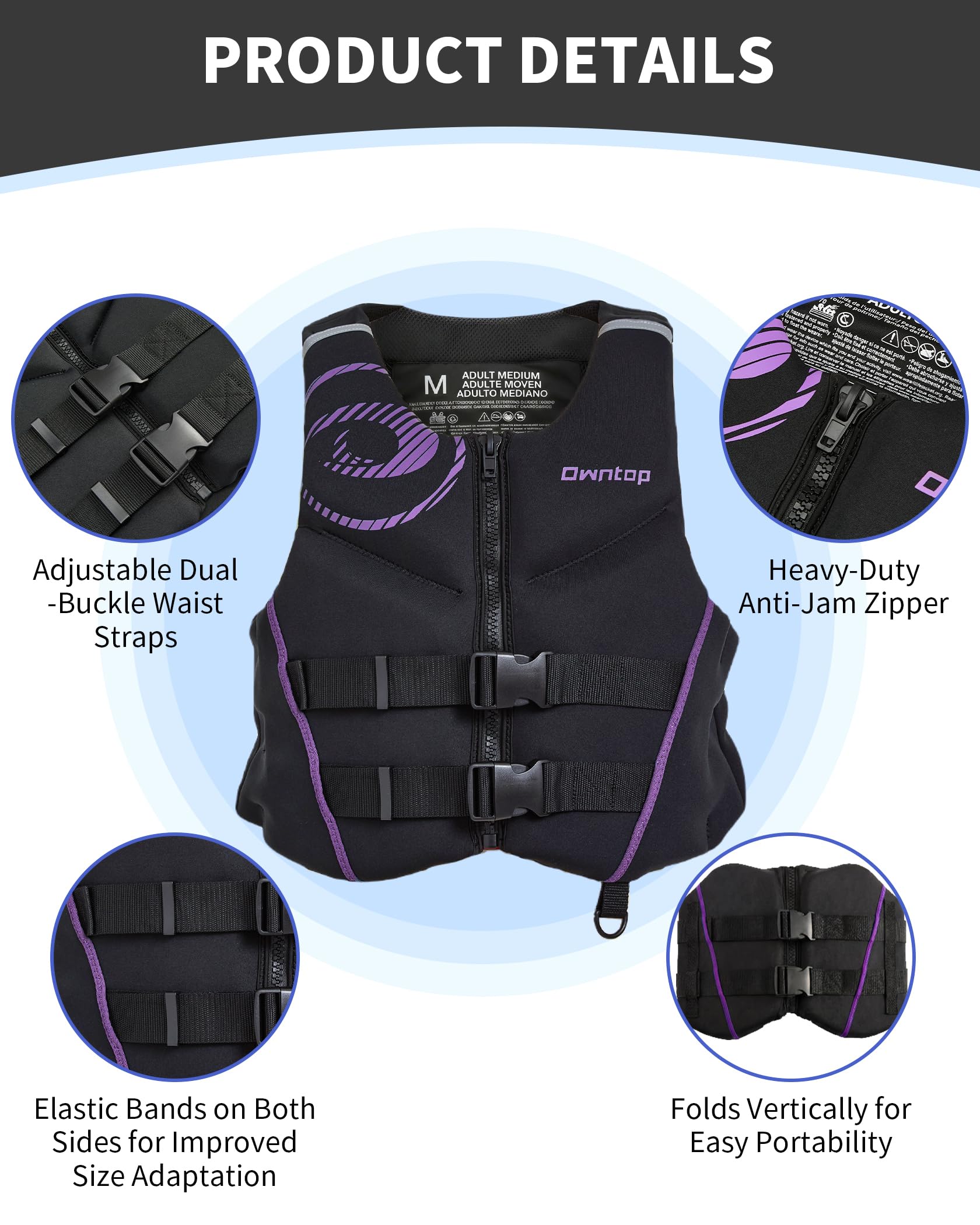 Owntop Aiuto al Galleggiamento per Adulti | Giubbotto Galleggiante in Neoprene Leggero | Gilet Sportivo Pieghevole con Doppie Cinghie di Sicurezza per Kayak, Canoa, Pesca e Paddleboarding - 3