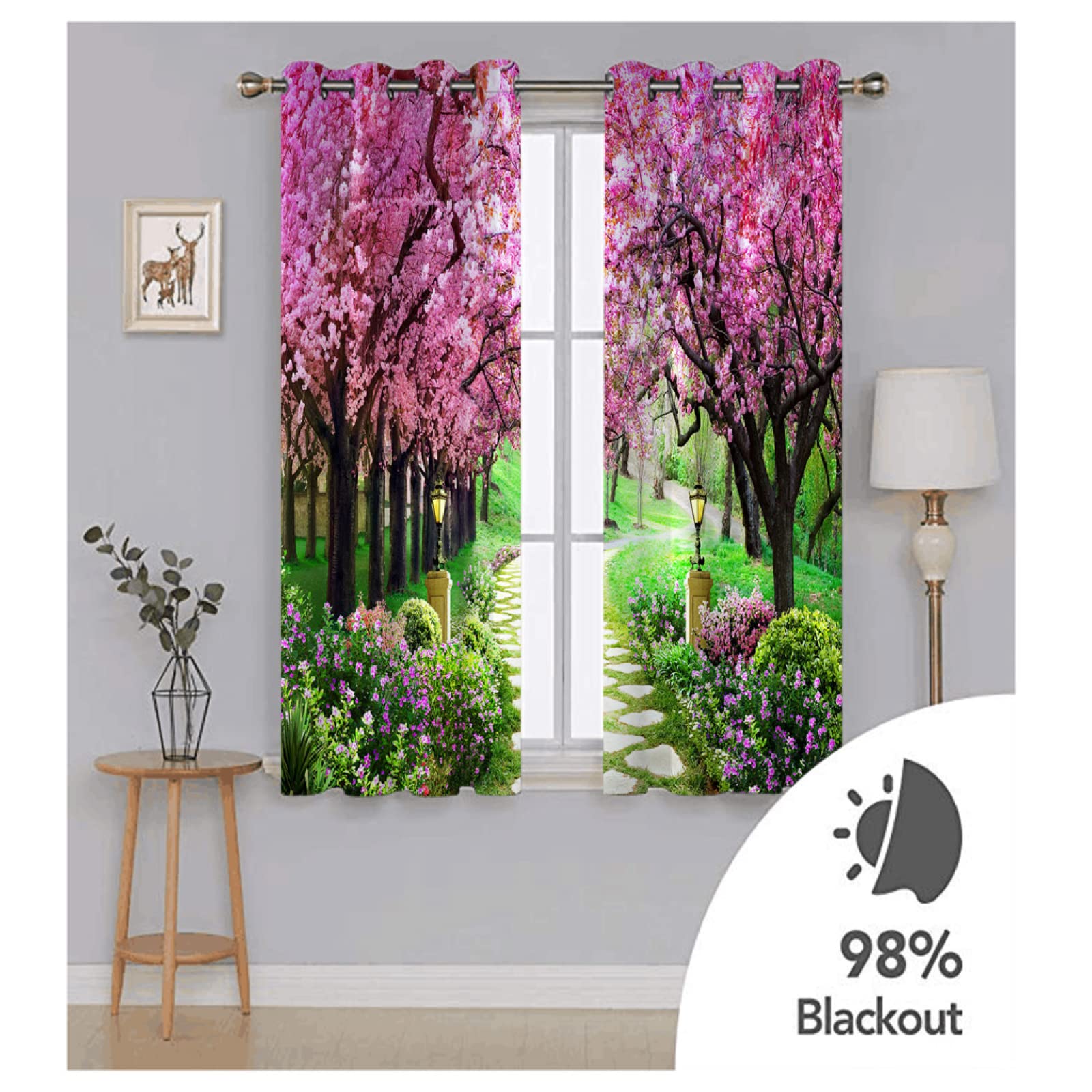 Lot De 2 Rideau Chambre Enfant Garcon Fille 3D Impression Paysage D'Arbres Roses Motif Rideaux Occultants Thermiques Isolants À Oeillets Décoration De Fenêtre pour Salon 264X240Cm（L X H）