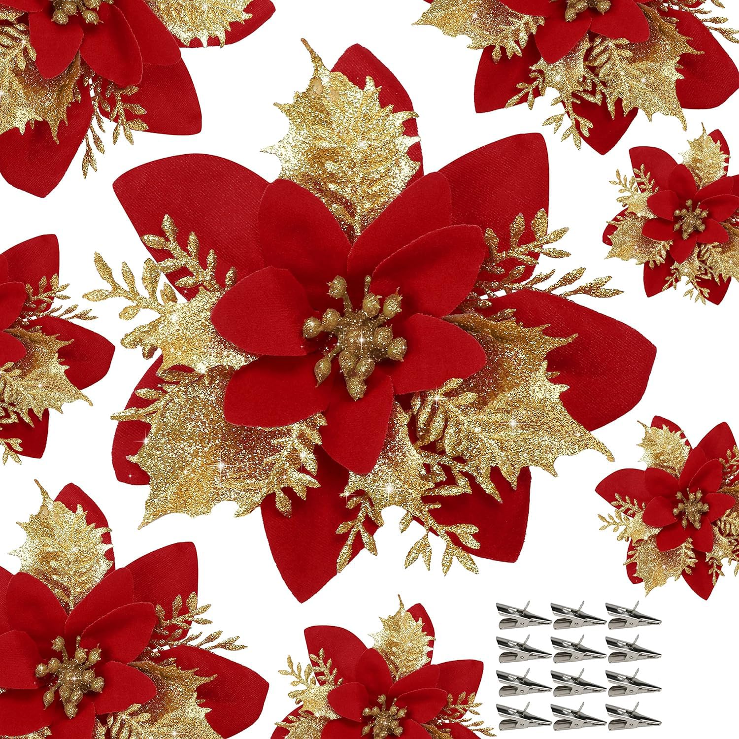 VITEVER 12 Pieces 5.5 Inches Large Red Gold Christmas Flower, Xmas Glitter Poinsettia Artificial Flowers Heads, Christmas Tree Decorations, Xmas Decor, Xmas Garland Wreaths DIY Decorations