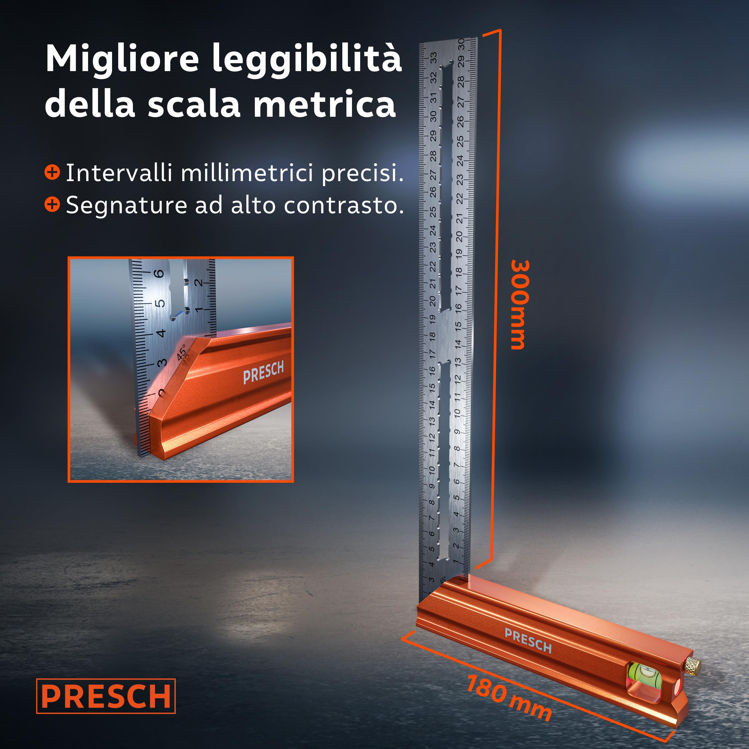 Presch Squadra da 300 mm 90° 45° con bolla di livello e indicatore di marcatura antiruggine
