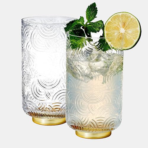 Khen Gatsby Highball - Juego de 2 vasos para beber de cristal vintage de cóctel Art Deco chapados en oro para agua, jugo, whisky, arco curvado,