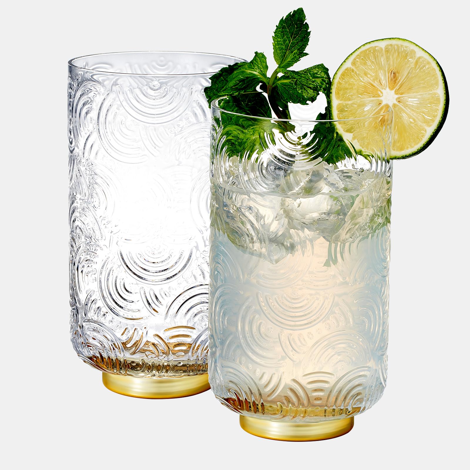 Khen Gatsby Highball Drinking Glass | Set of 2 | Vintage Cocktail Crystal Drinking Glasses Art Deco Gold Plated Tumblers For Water, Juice, Whiskey, Curved Arch Vintage Patterned Design 16oz Glassware
