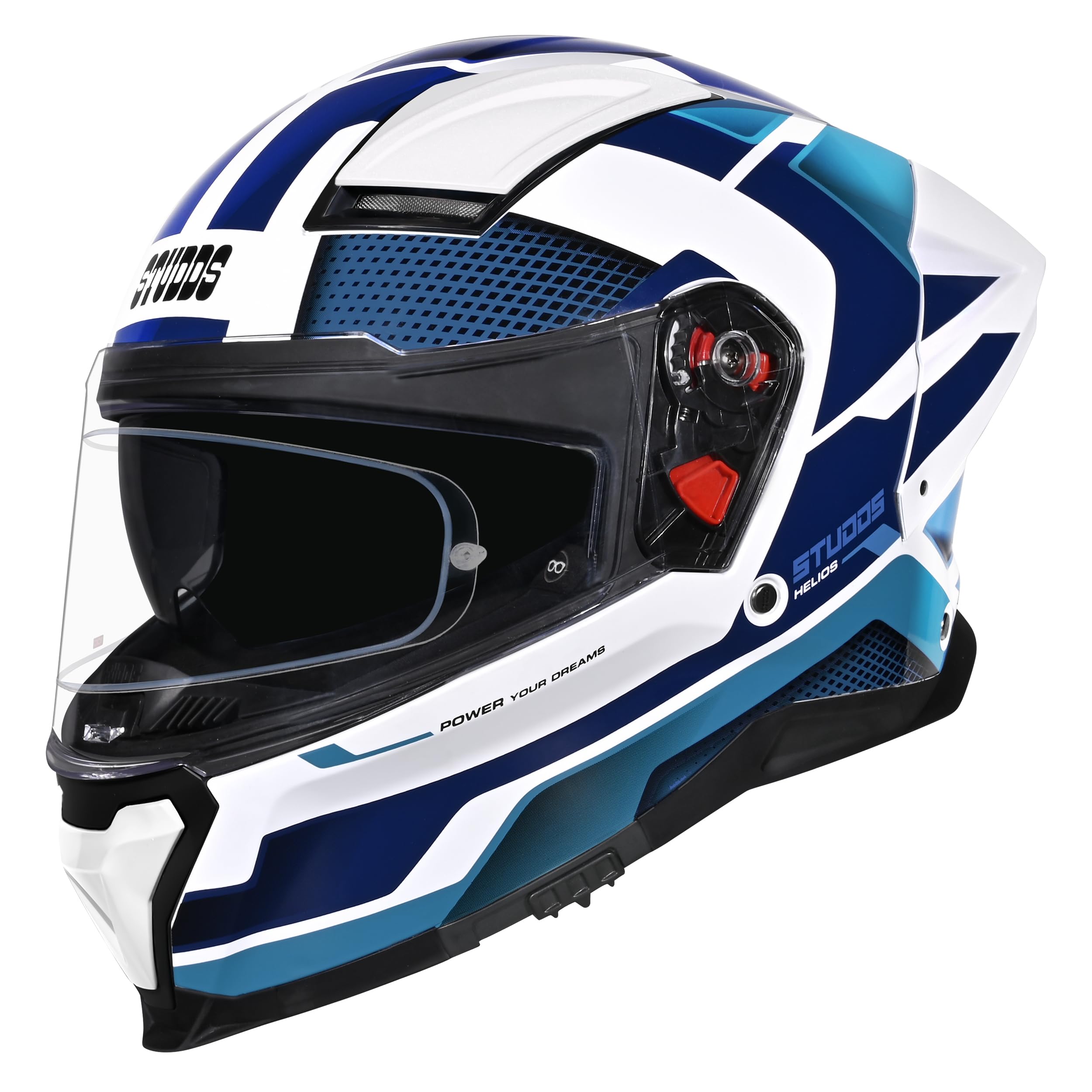 STUDDS Helios ISI and DOT Certified Full Face Helmet with Antifog 100 Lens, Sporty Spoiler (Flame Blue - L)
