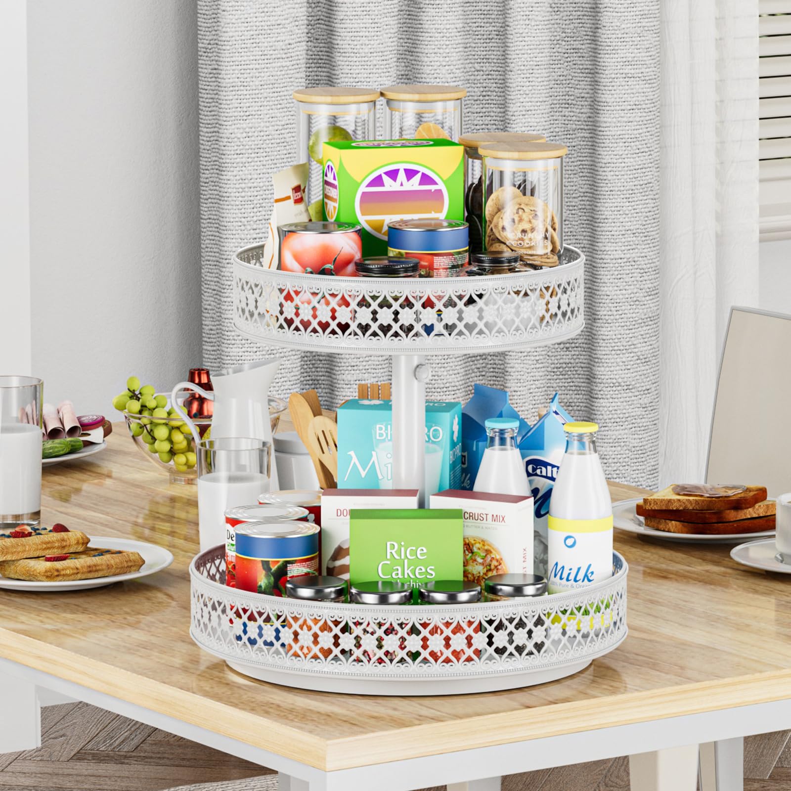 Plateau tournant, organiseur à 2 niveaux – 30,5 cm, réglable en métal pour armoire, garde-manger, cuisine, comptoir, table à manger, placard, salle de bain, meuble de rangement, blanc