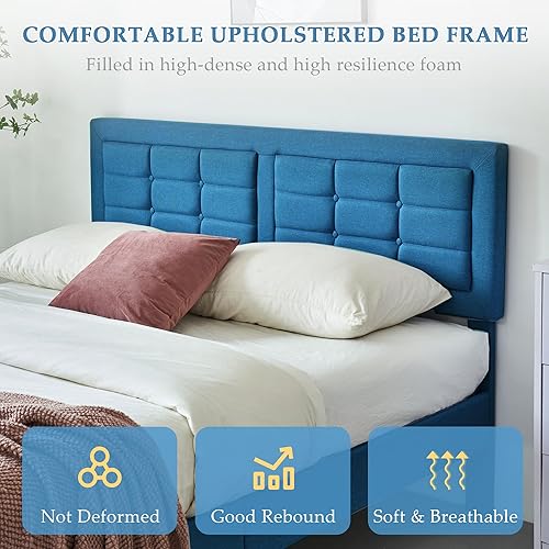 Miniatura 5 de VECELO Base de cama de tamaño matrimonial con cabecera ajustable, base de cama tapizada con botones y soporte de listones de madera, no necesita