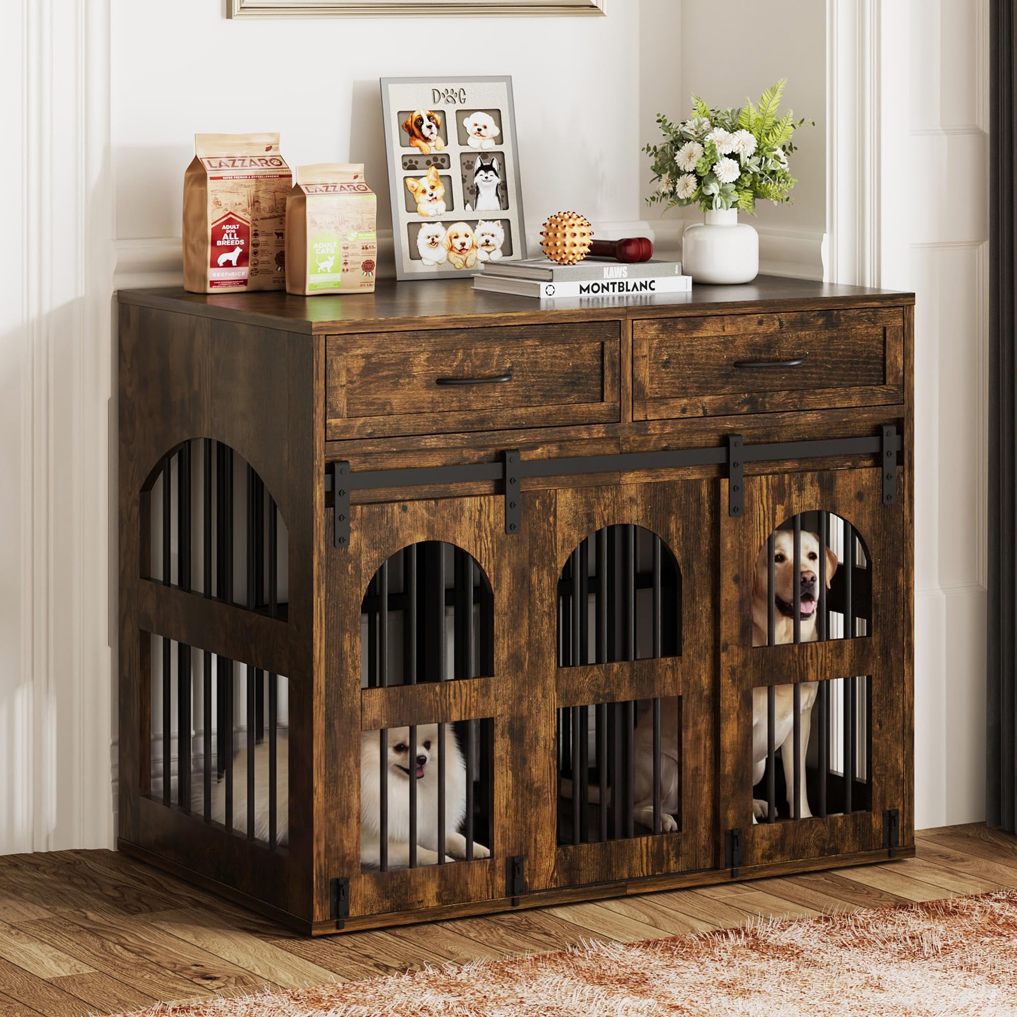 IRONCK Cage pour Chien, Meuble Cage Chien, Coffre en Bois Niche pour Chien Intérieur avec 2 Tiroirs et Cloison, Table d’Appoint 2 Portes pour Chien, 106x68x88cm