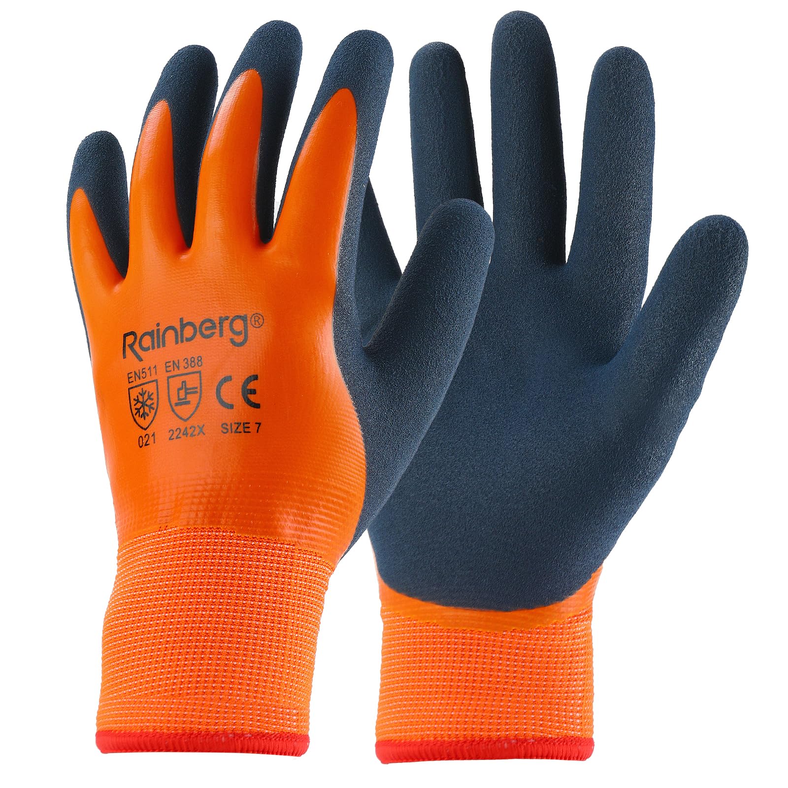 Rainberg 1 Pair Waterproof Thermal Winter Work Gloves, Fleece Liner Insulated Warm for Cold Weather, Safety Gloves with Superior Grip, Outdoor Gardening, Car Washing, Fishing, Multipurpose (Orange, S)