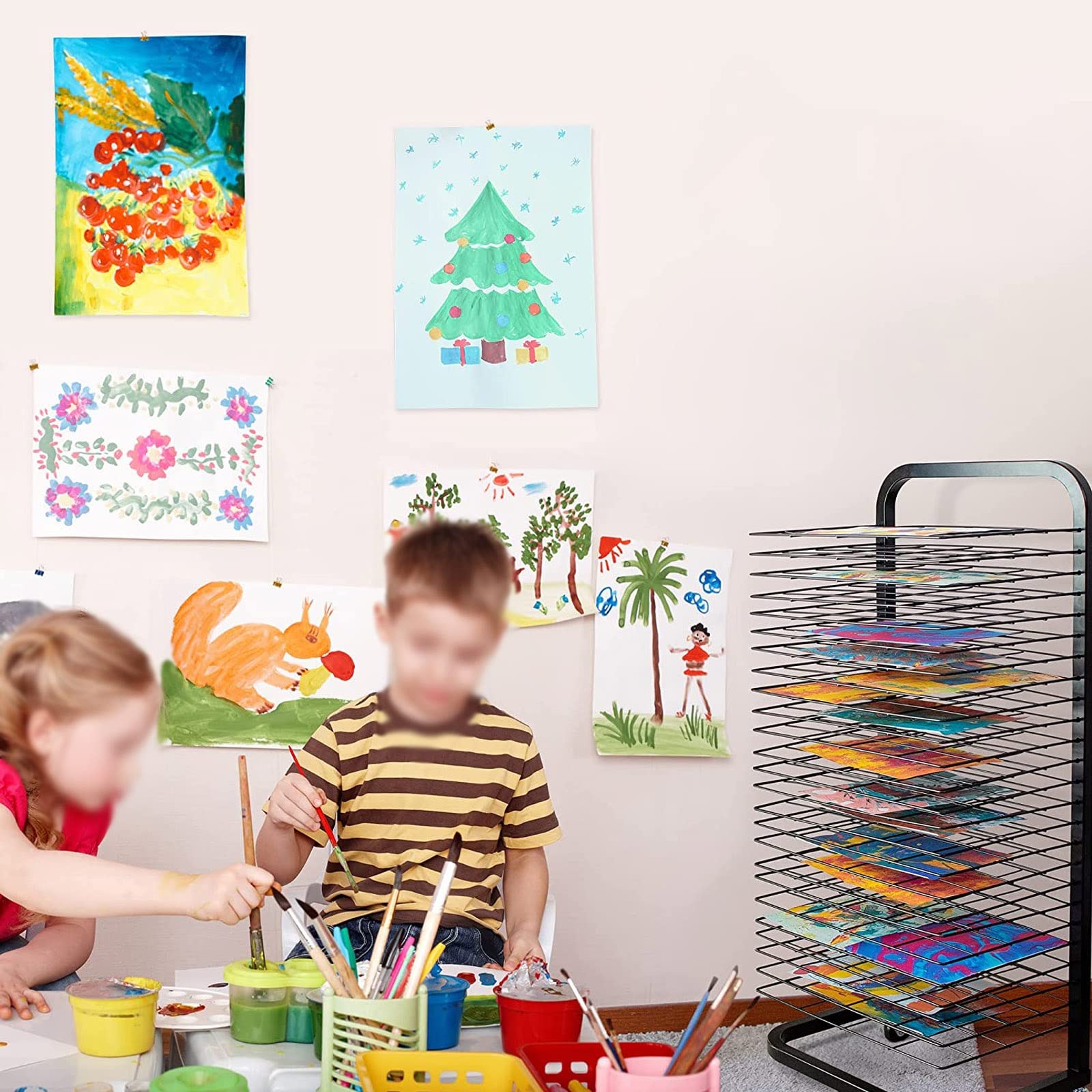 ROFBIHG Stojak do suszenia artystycznego, dwustronna sztaluga do suszenia, wielowarstwowa wyjmowana taca, utrzymuj rysunek w czystości, ulepsz siatkę A3, umieść grafikę A3/rysunek/malarstwo, do szkół