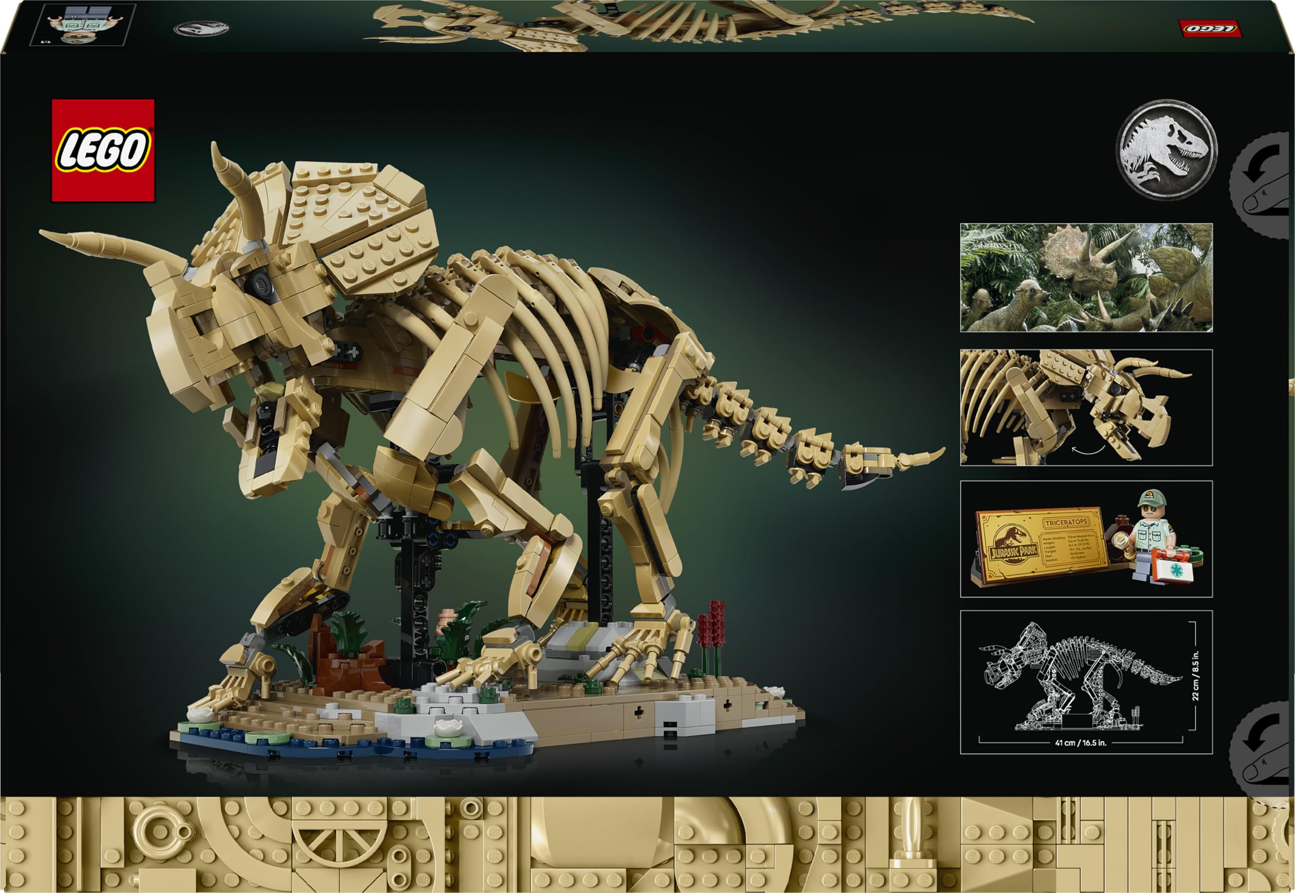 LEGO Jurassic World Fossili di Dinosauro: Triceratopo - Kit Modellismo per Adulti con Minifigure del Dr. Gerry Harding - Decorazione per Scrivania o Scaffale - Regalo per Fan di Jurassic Park - 77985
