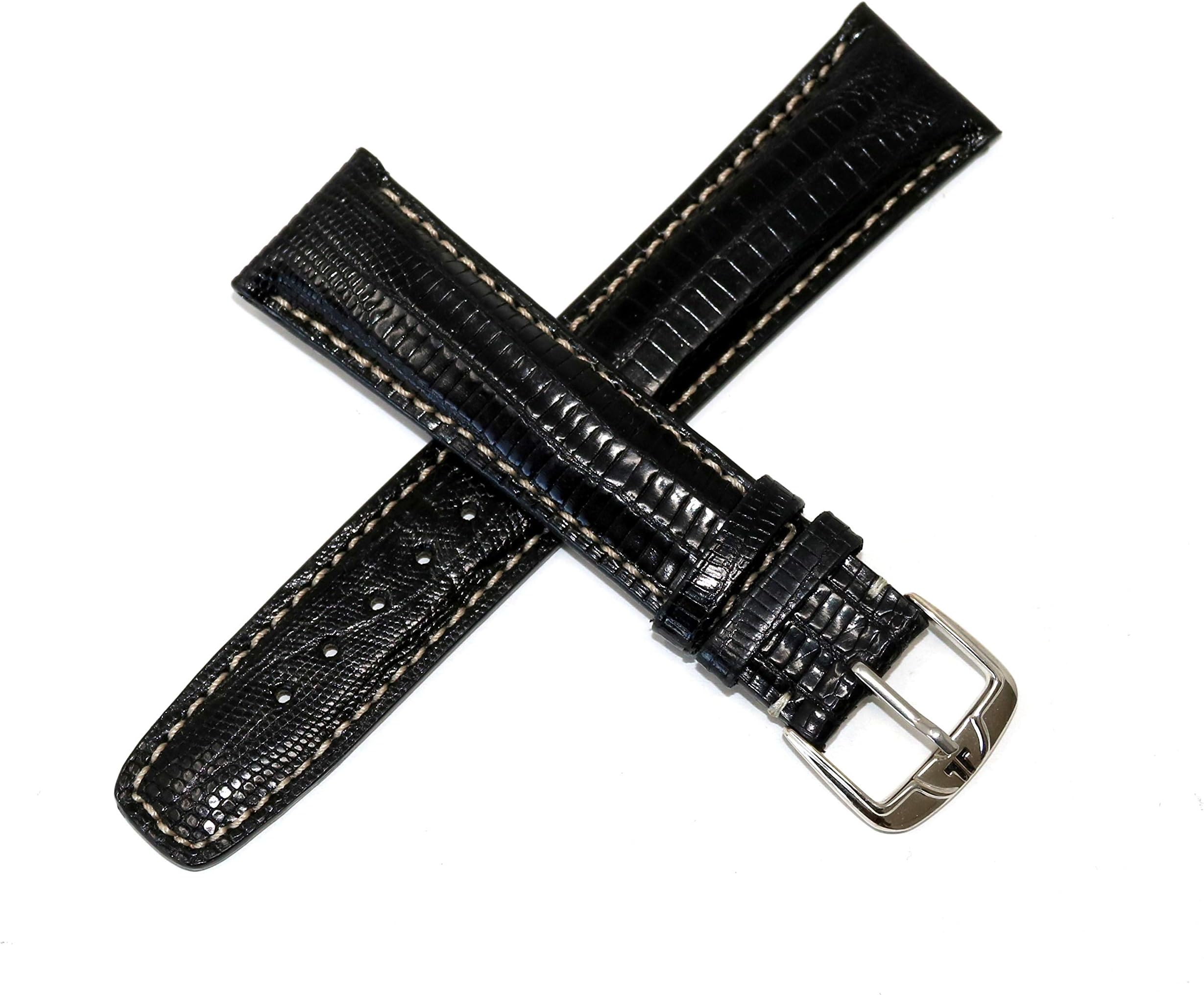 21MM Genuine Teju Lizard Leather Watch Strap Black Silver JL Initial Stainless Steel Buckle