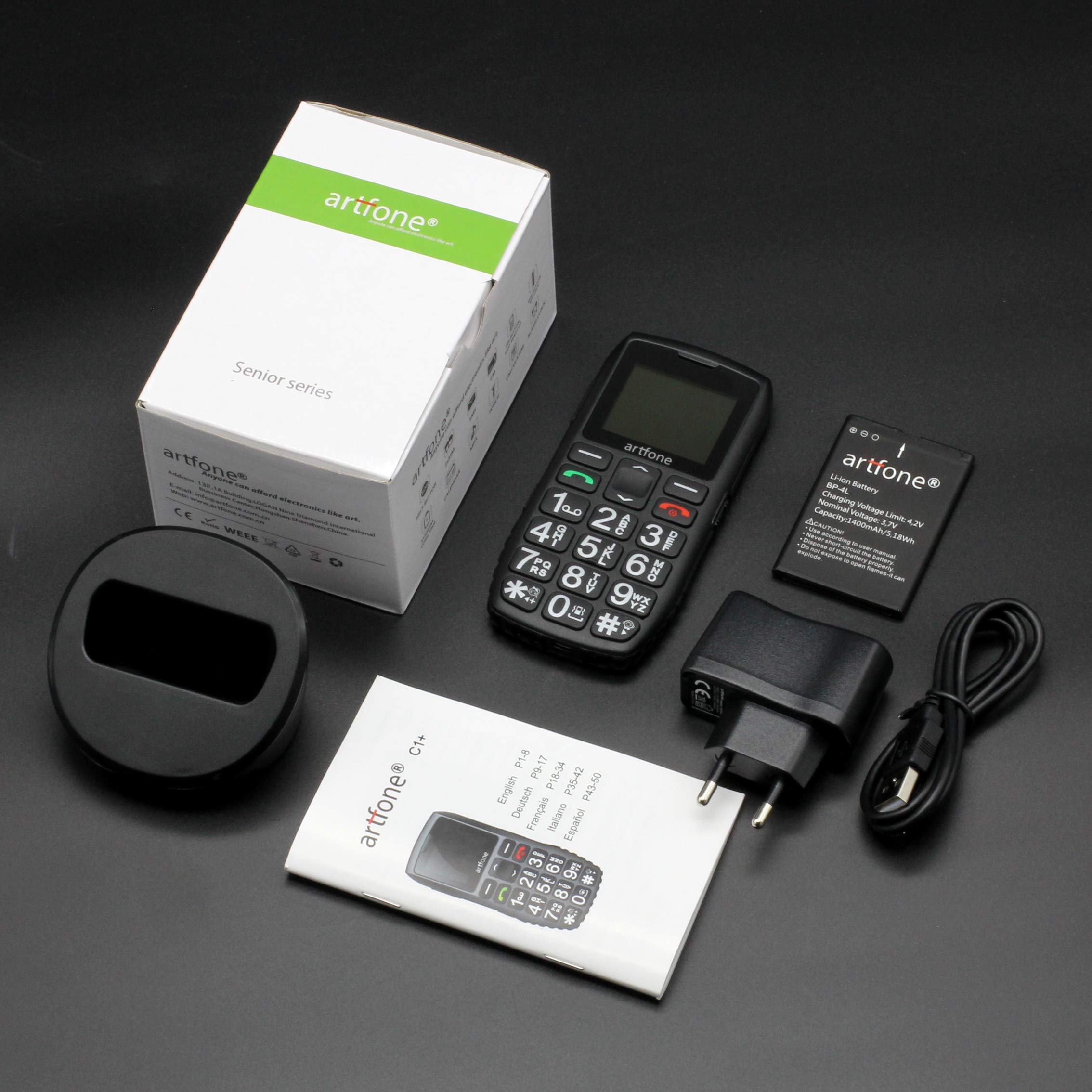 artfone C1+ Teléfonos Móviles para Mayores Mayores con SOS botón,Fácil de Usar Celular para Ancianos con Base Cargadora, Hermoso Paquete,Batería de 1400 mAh-(Negro)
