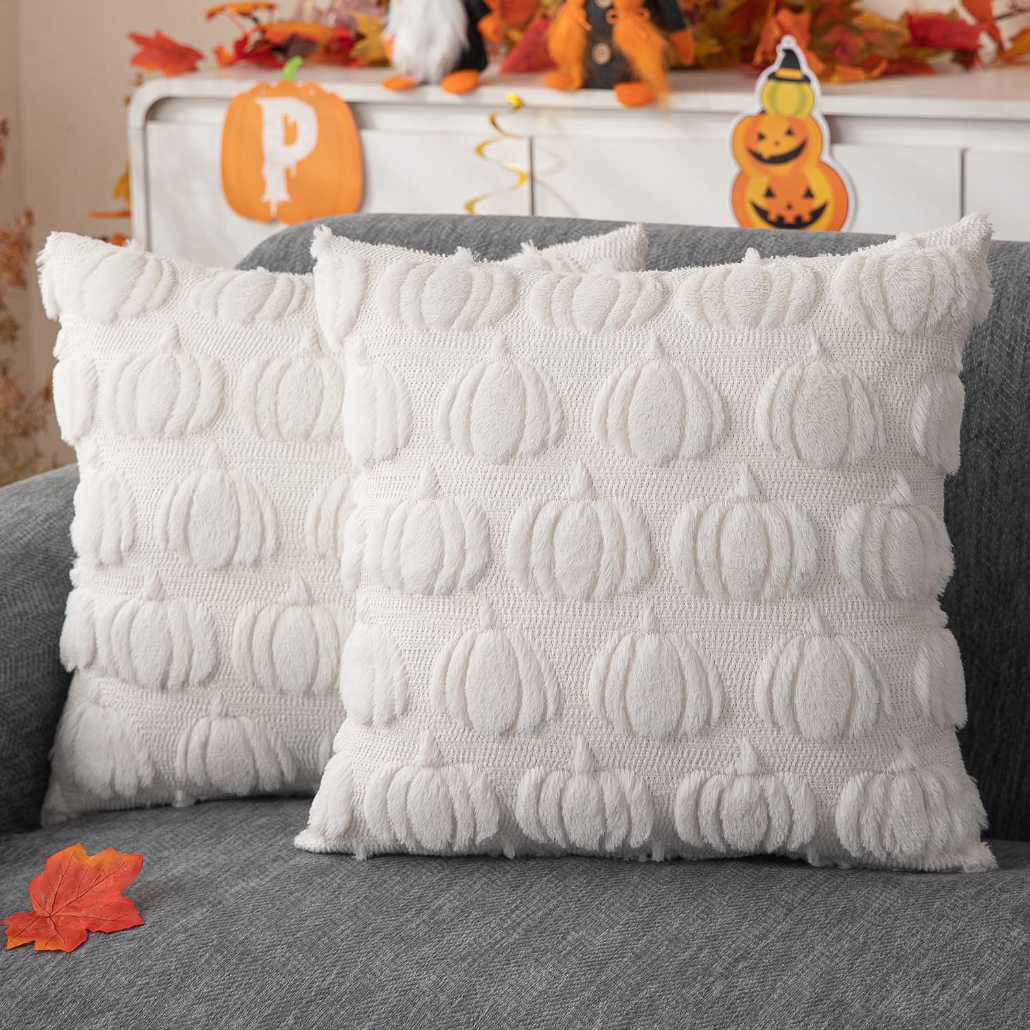 JXZYGMD Fall Pillow Covers 20x20 Set of 2 Fall Decorations Beige Pumpkin Throw Pillow Cases Soft Plush Throw Pillows for Sofa Bedroom Living Room Home