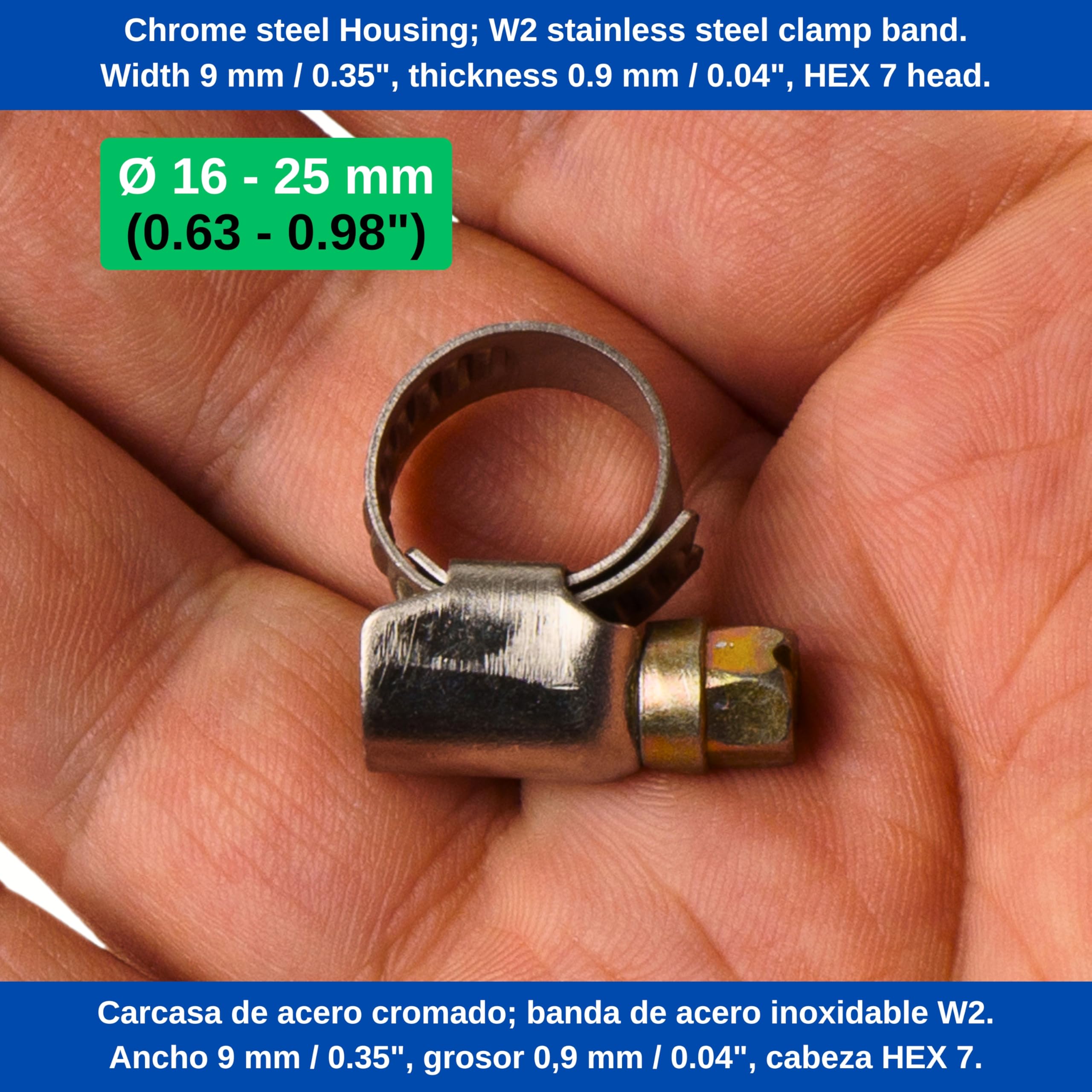 Asa de manguera profesional, accionamiento de gusano, rango sujeción 16-25 mm, paquete de 4, W2 acero inoxidable, hueco cruzado, ancho de banda 9 mm, conexión lavadora a sifón fijo, asas lavavajilla — view 3